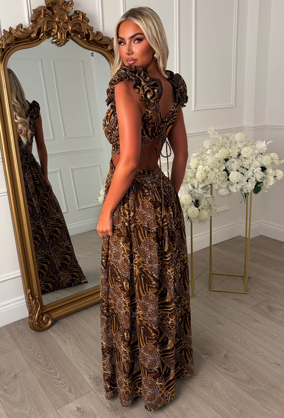 Summer Dawn Brown Leopard Cut Out Ruffle Maxi Dress - Image 2