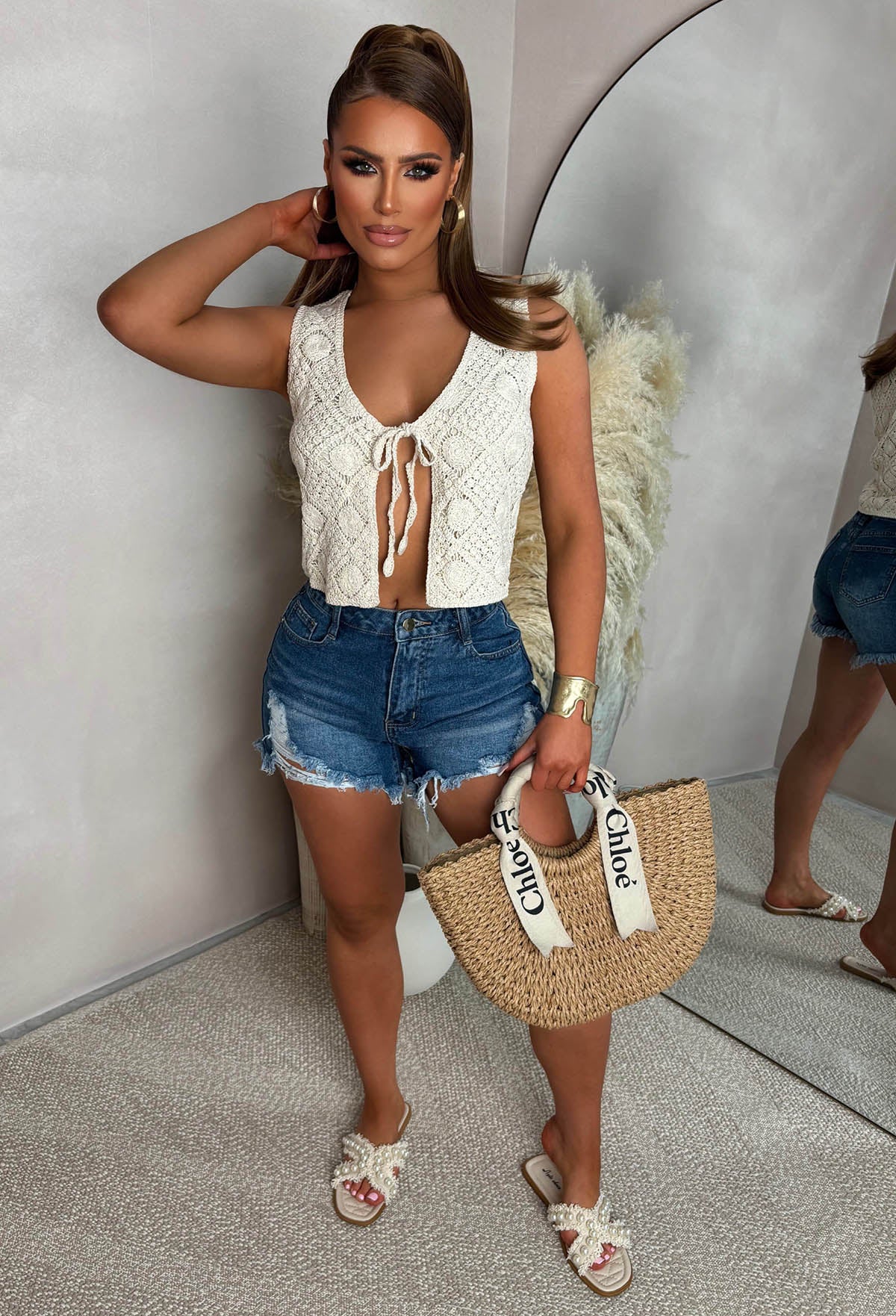 Summer Daze Beige Tie Knot Crochet Top - Image 5