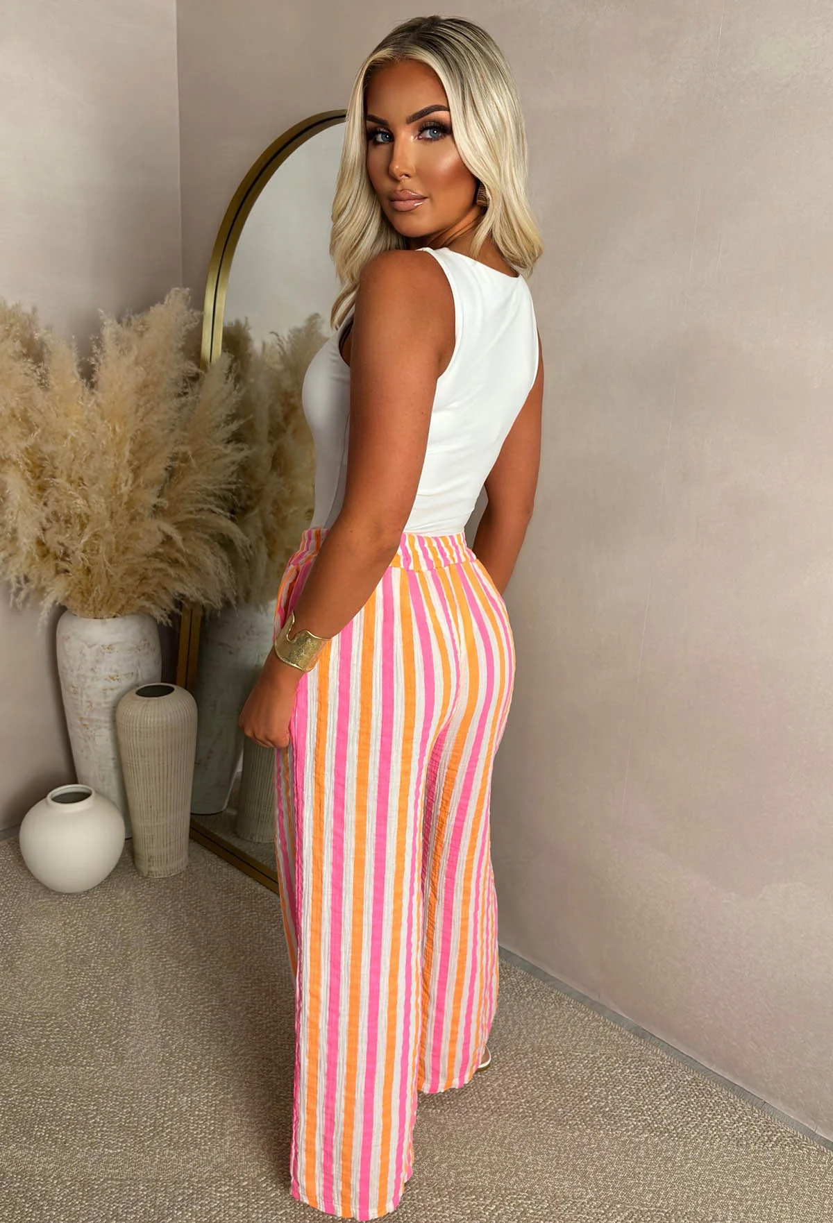Summer Nostalgia Pink Stripe Straight Leg Casual Trousers - Image 2