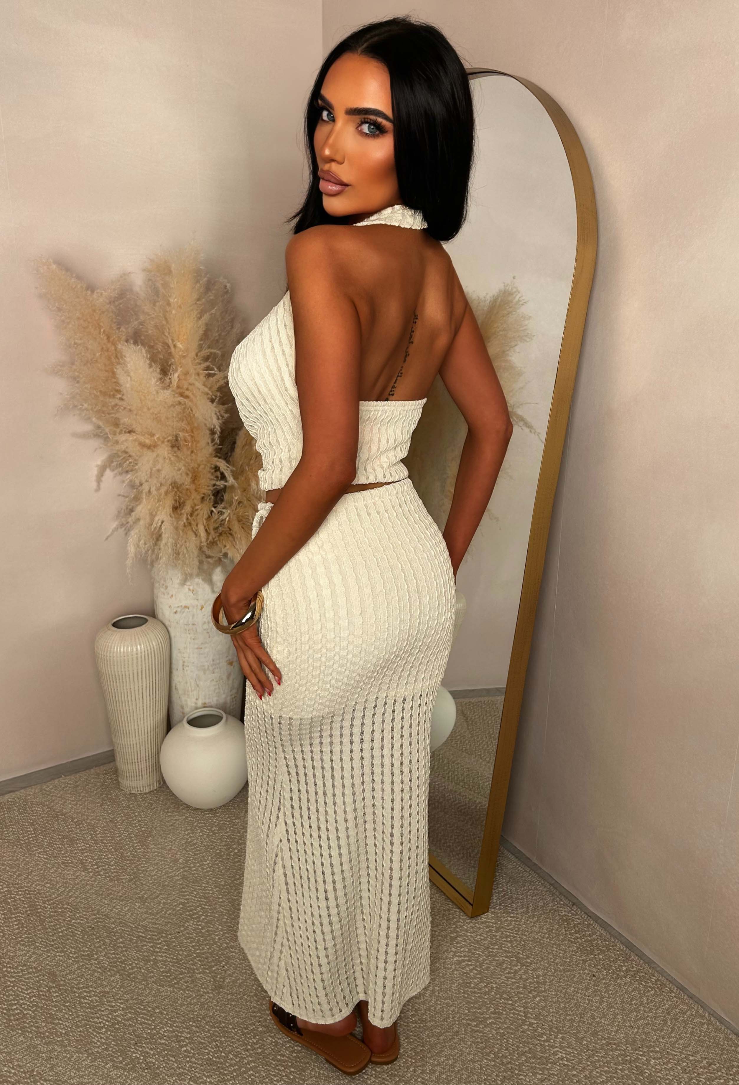 Summer On The Palm Cream Textured Bead Detail Skirt Co-ord Set - Image 2