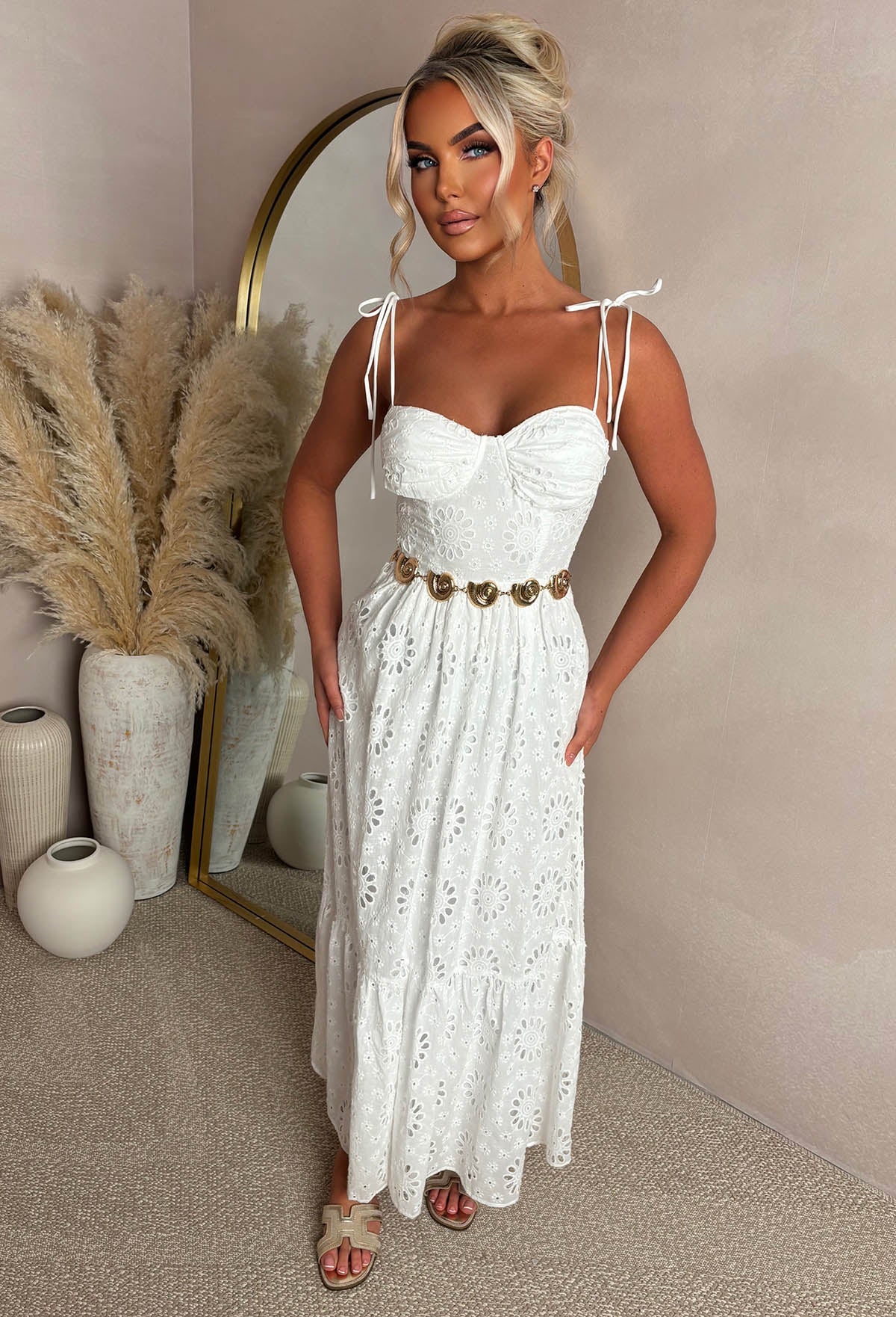 Summer Seduction White Broiderie Tie Strap Maxi Dress - Image 4