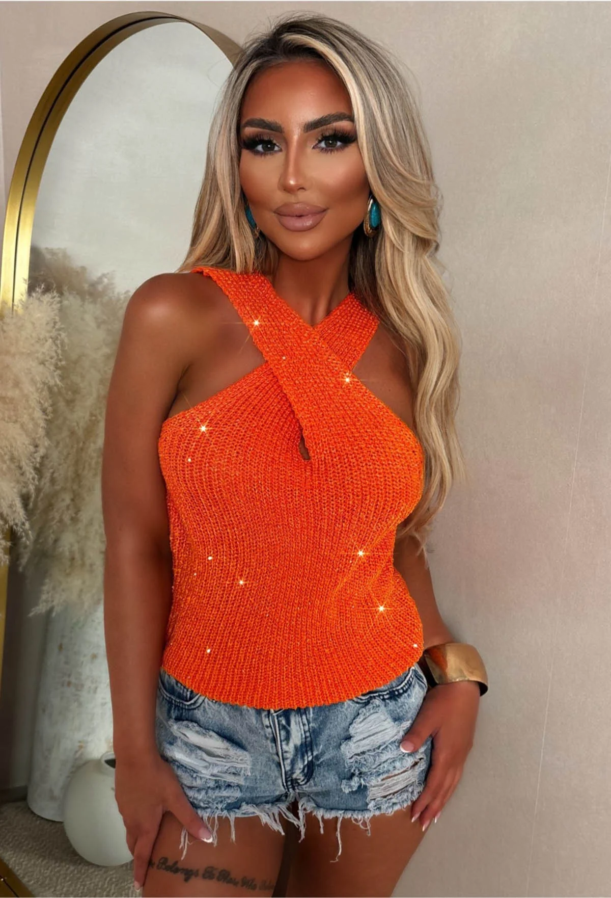 Sun Goddess Orange Halterneck Knitted Sequin Top - Image 8
