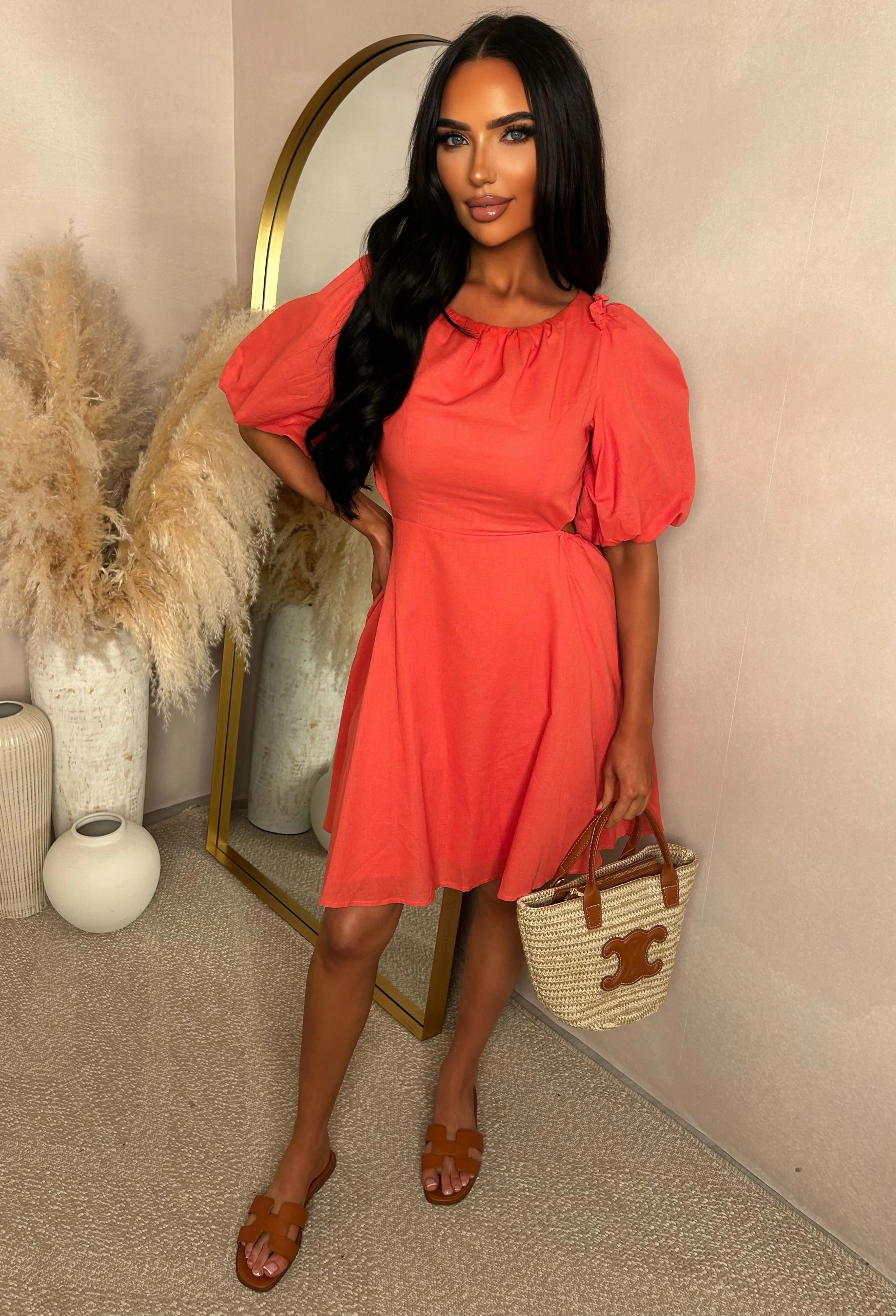 Sunbeam Babe Coral Puff Sleeve Mini Dress - Image 2