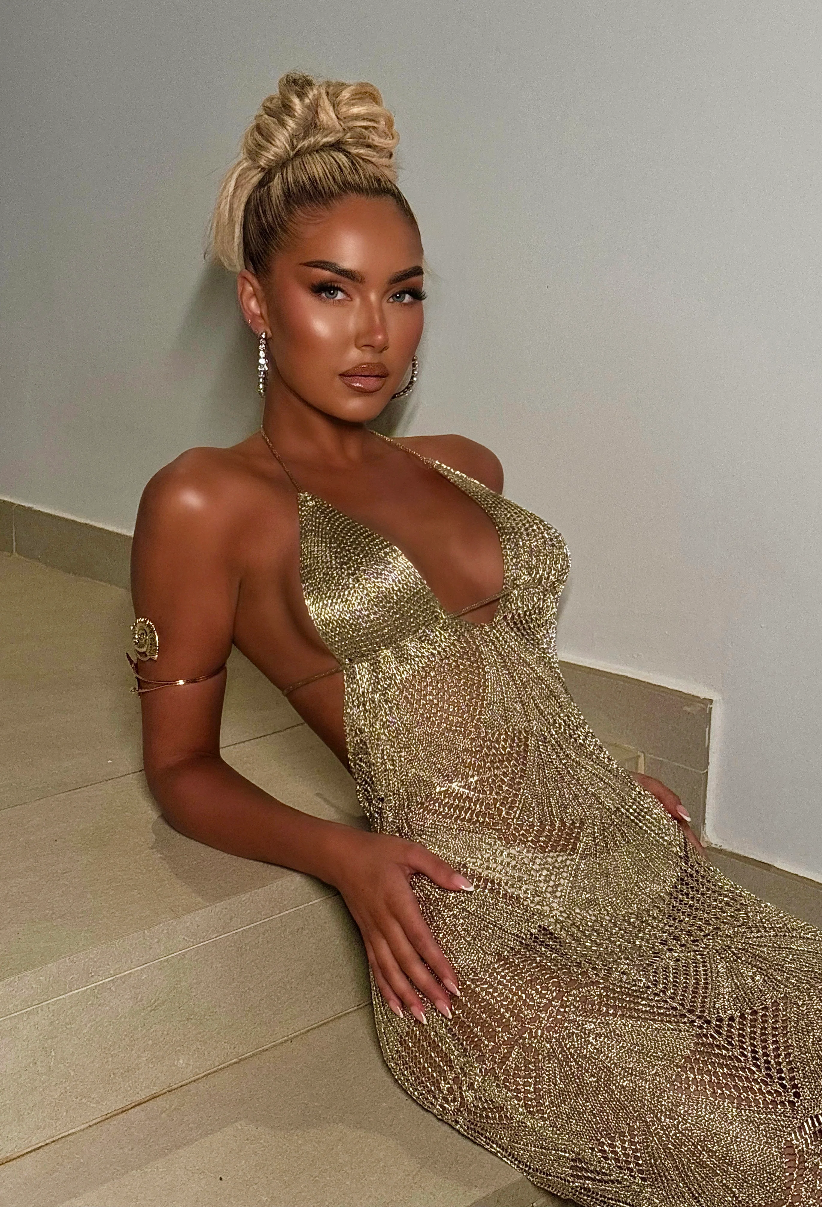 Sunlit Tides Gold Metallic Knitted Maxi Cover Up - Image 3