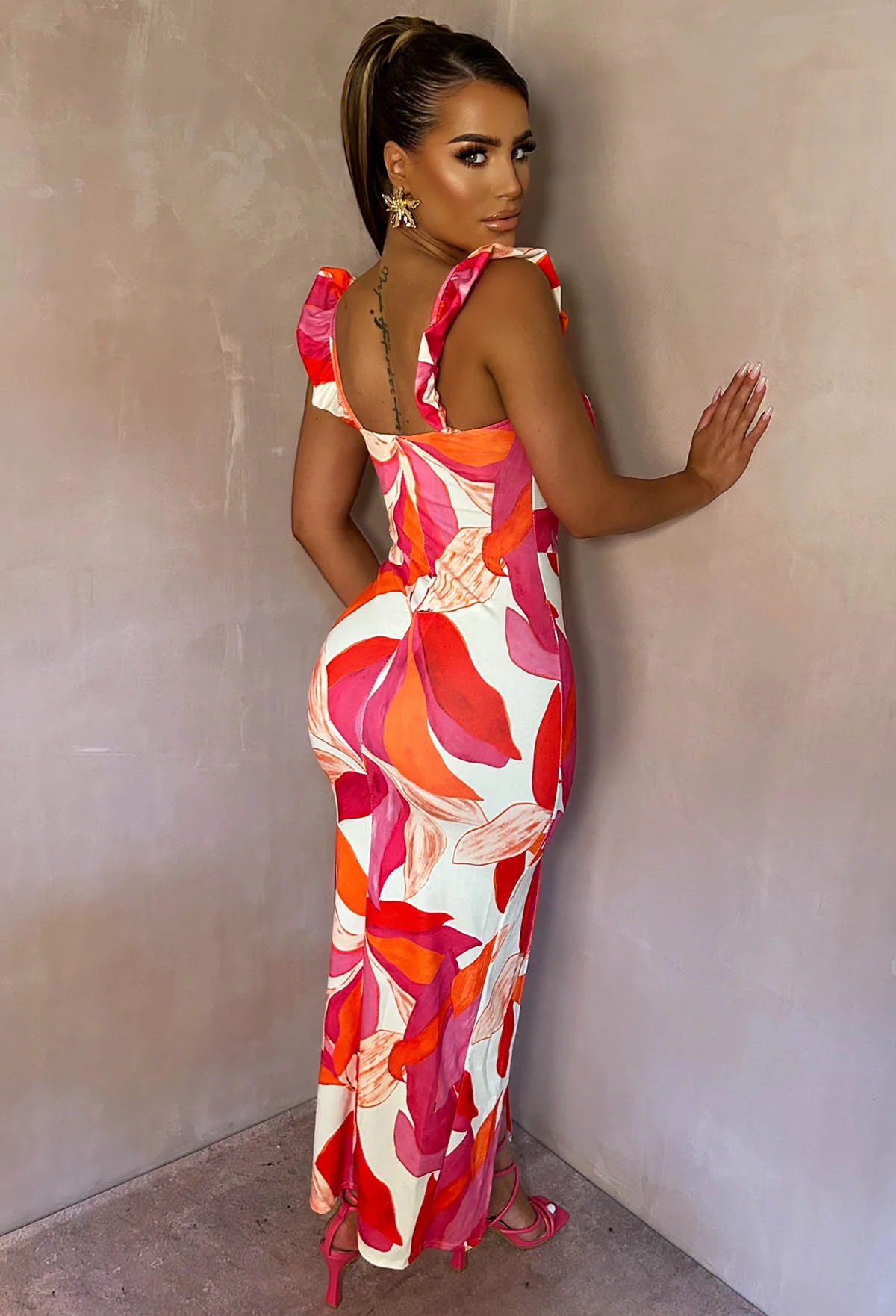 Sunset Beauty Pink Printed Ruffle Sleeve Leg Split Midi Dress - Image 2