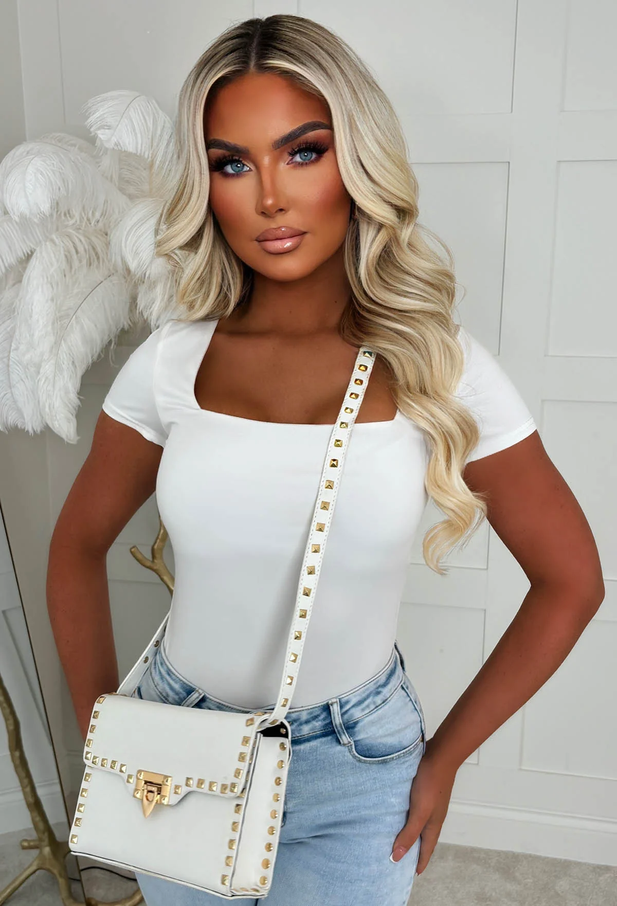 Sunset Boulevard White Studded Flap Bag - Image 2