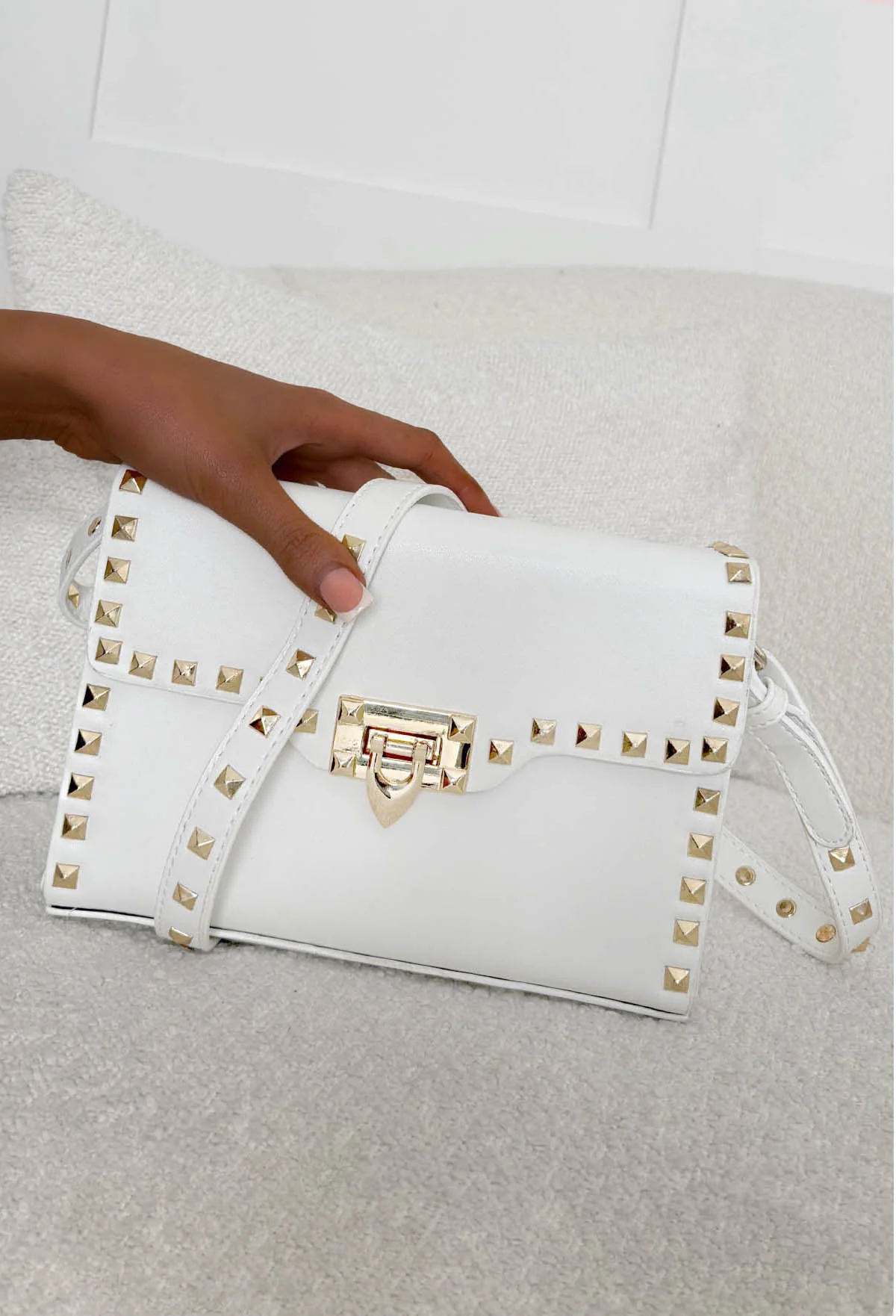 Sunset Boulevard White Studded Flap Bag - Image 3