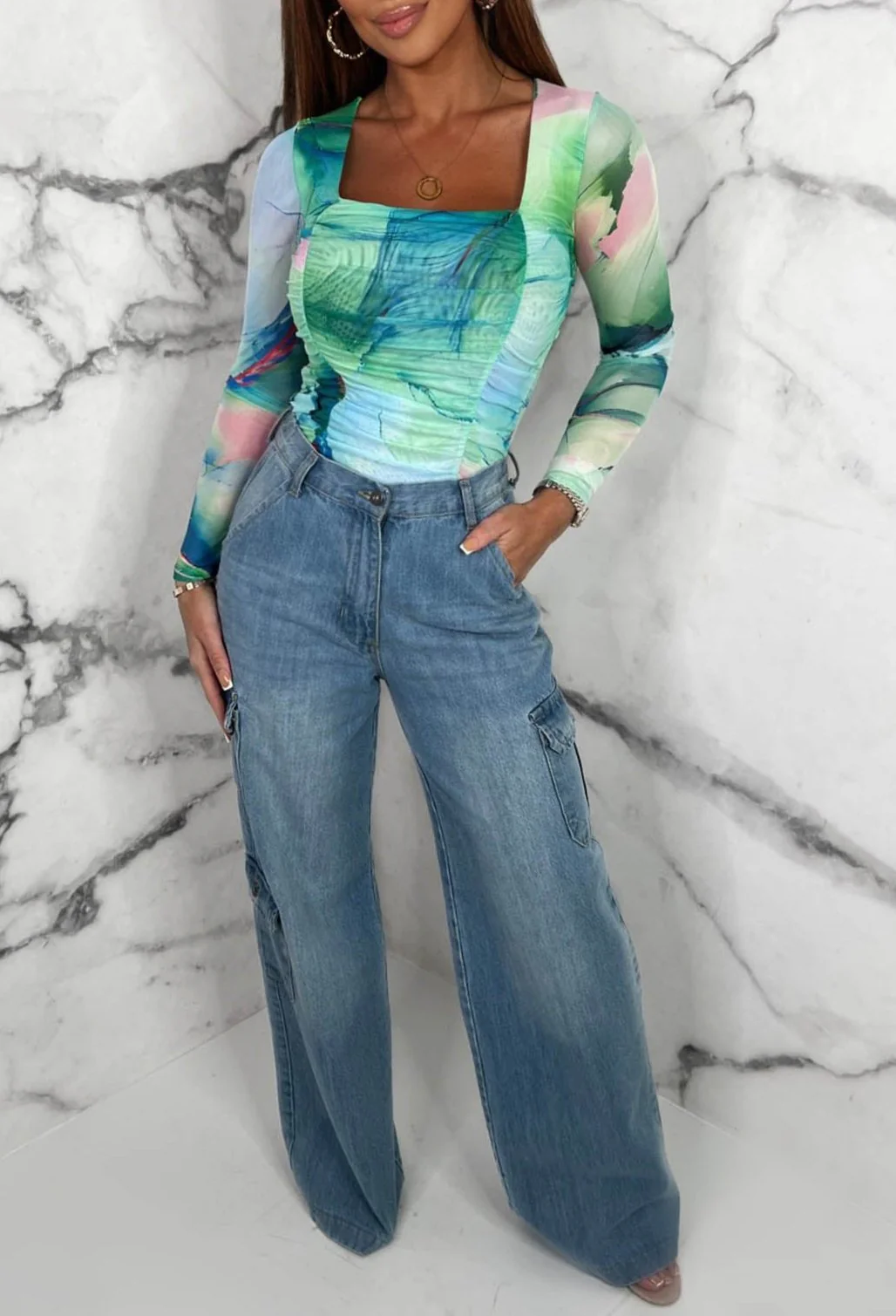 Sunset Memories Green Printed Mesh Ruched Top - Image 2