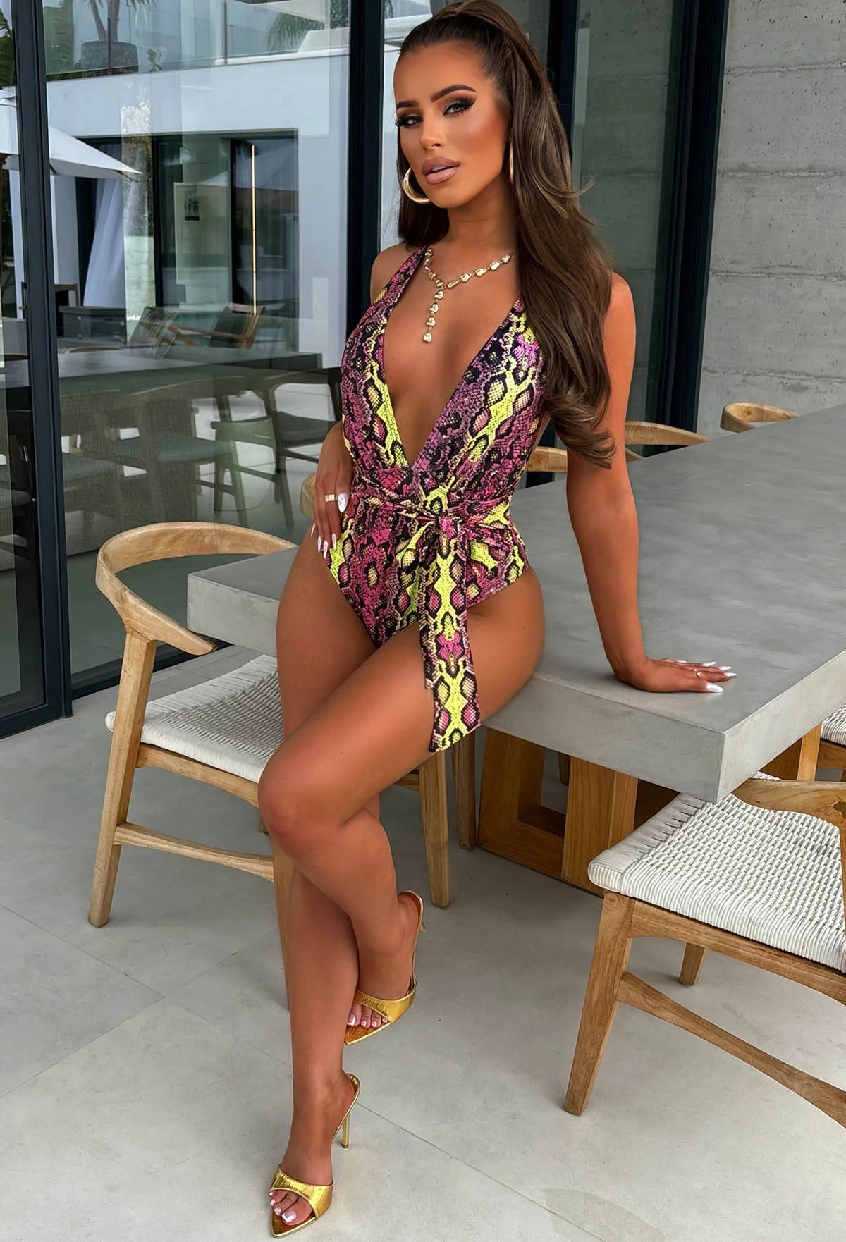 Sunset Siren Pink Fuchsia Yellow Snakeskin Plunge Swimsuit - Image 3