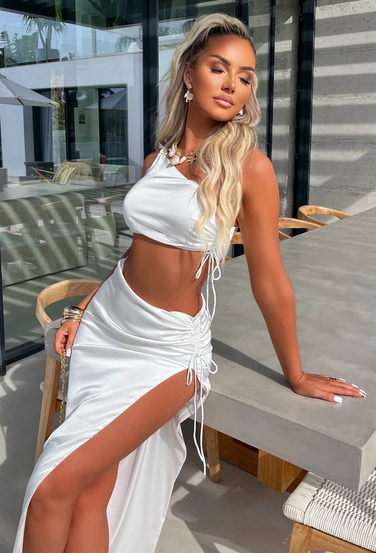 Sunset Spritz White One Shoulder Ruched Side Skirt Co-ord Set - Image 5