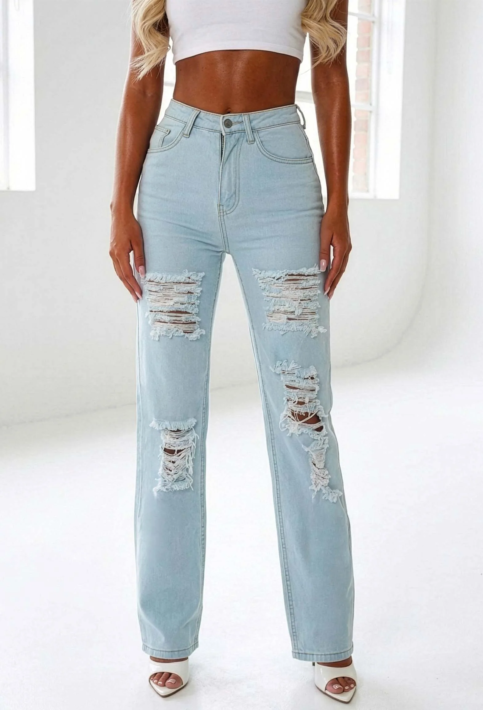 Suzie Light Wash Stretch Heavily Distressed Straight Leg Jeans - Image 3