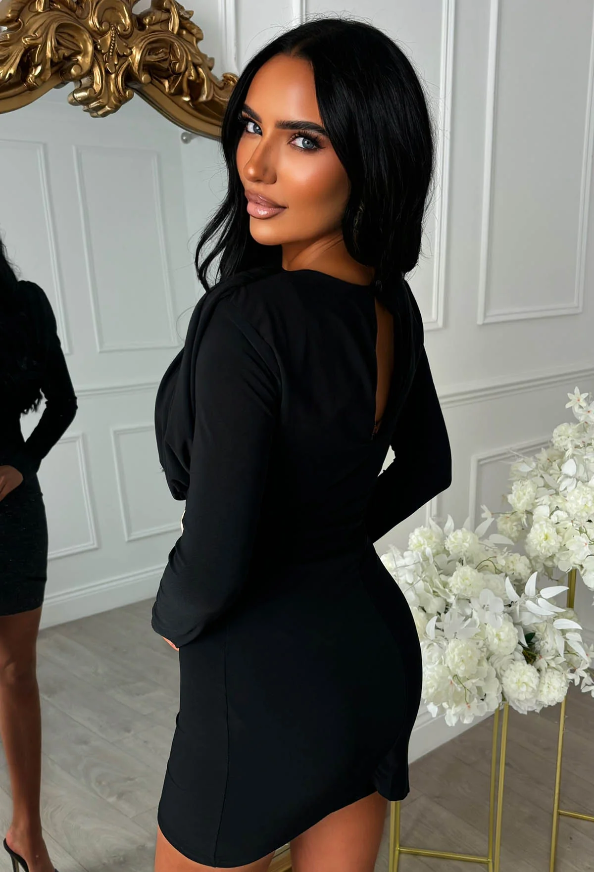Sweet But Snatched Black Ruched Bodice Long Sleeve Mini Dress - Image 3
