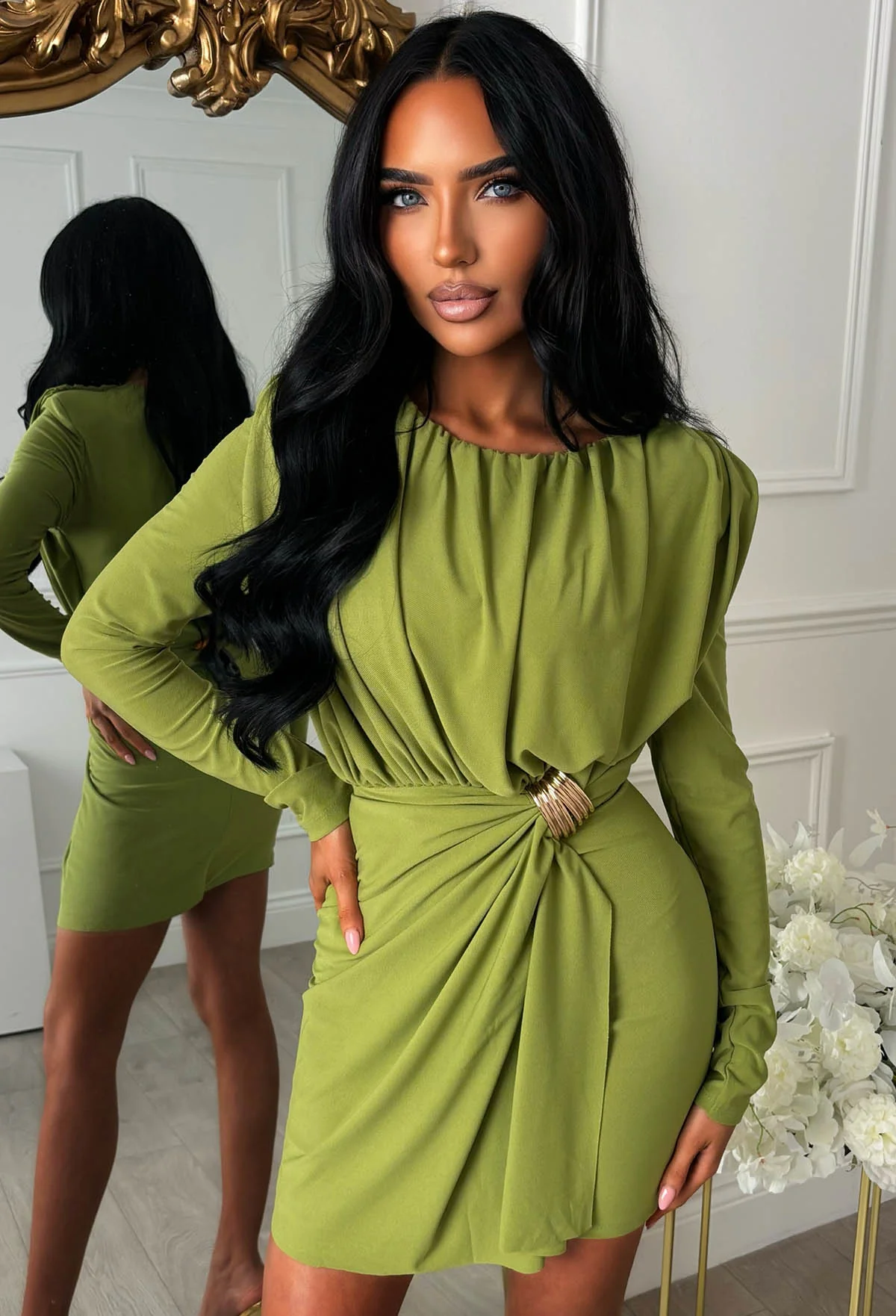 Sweet But Snatched Green Ruched Bodice Long Sleeve Mini Dress - Image 3