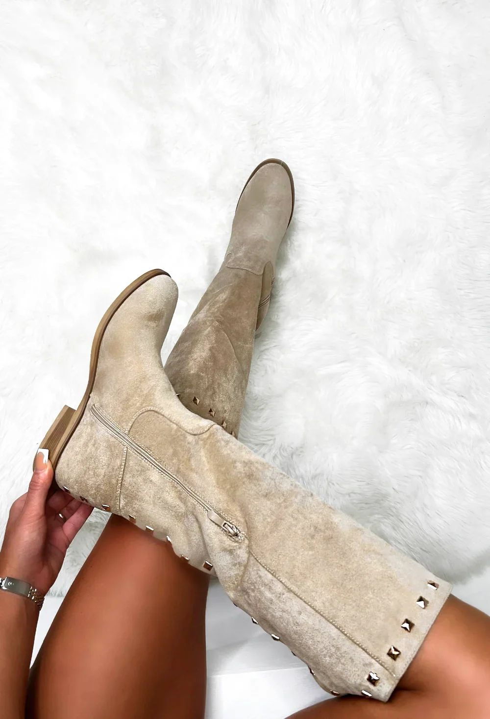 Sweet Glamour Cream Gold Stud Faux Suede Knee High Boots - Image 4