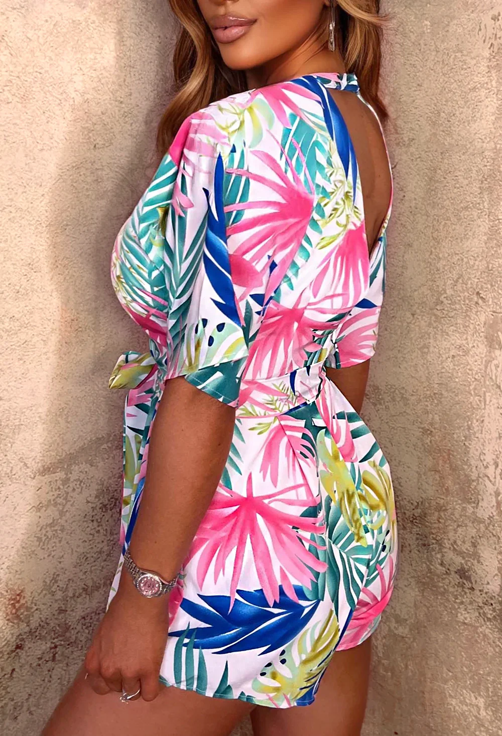 Sweet Nights Multi Tropical Print Belted Wrap Playsuit - Image 2