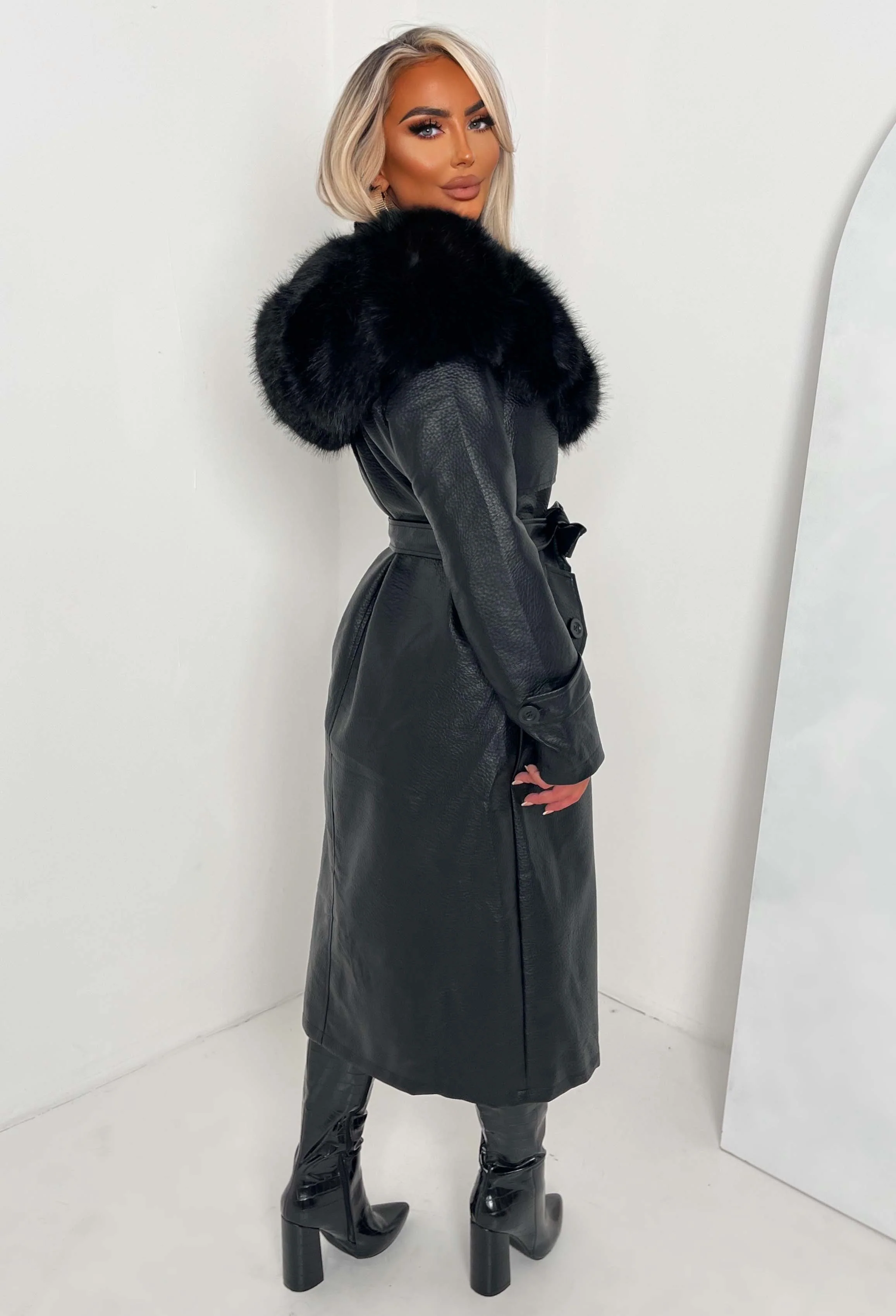 Sweet & Snug Black Faux Leather Faux Fur Trench Coat - Image 3