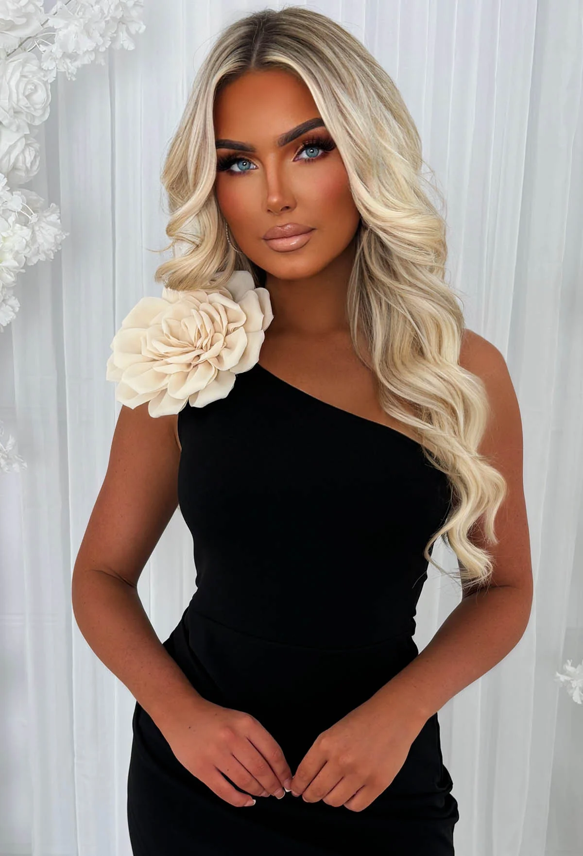 Sweetheart Shine Black One Shoulder Contrast Corsage Midi Dress - Image 3
