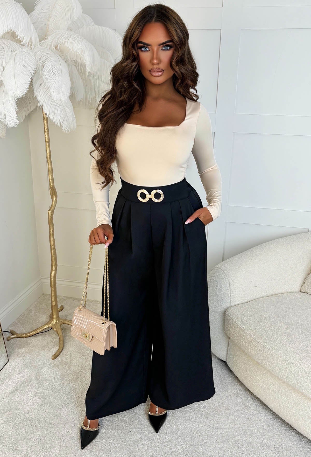 Tailored To You Black Wide Leg Buckle Front Trousers - Image 3
