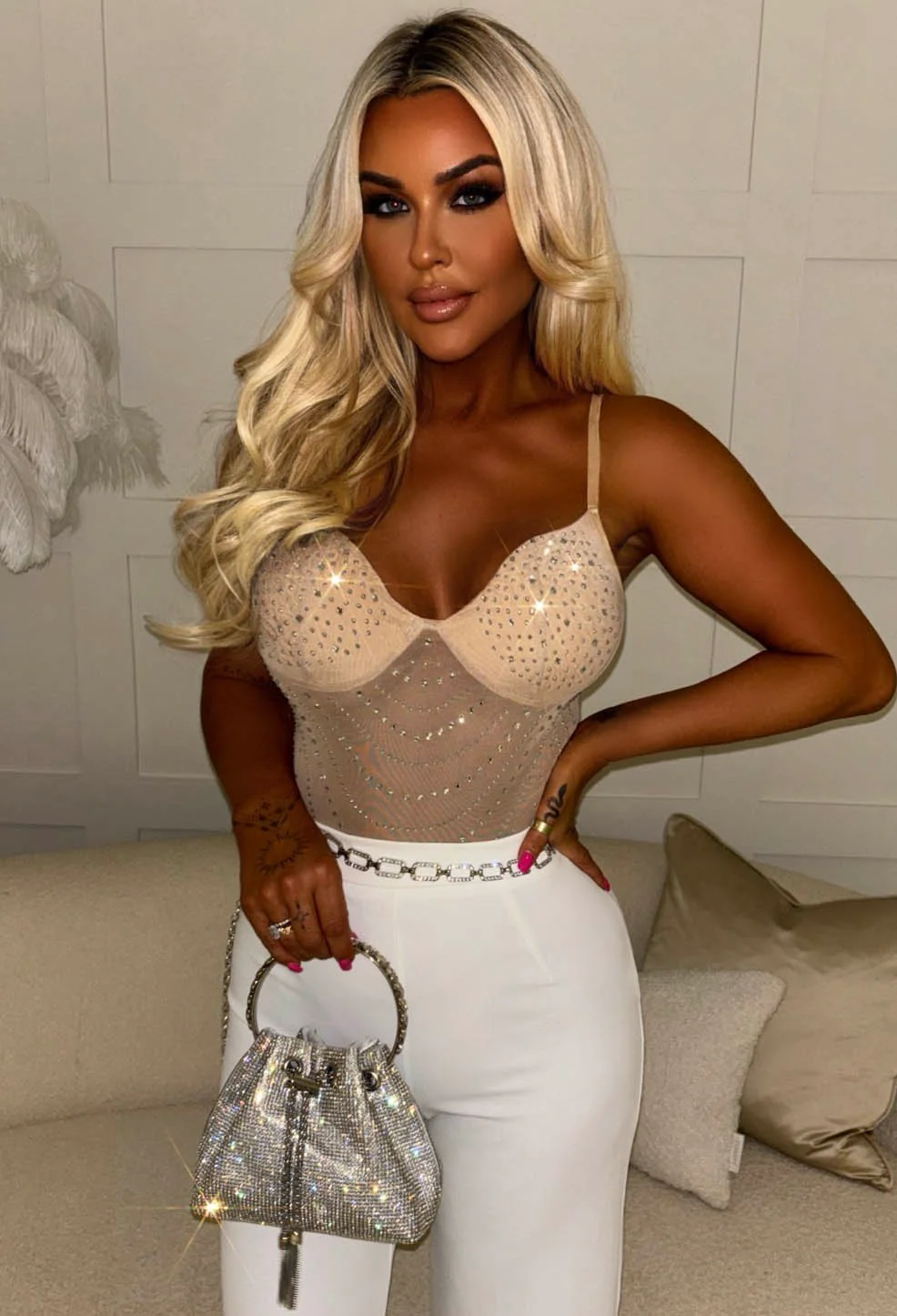 Take A Hint Nude Sheer Embellished Bodysuit - Image 3