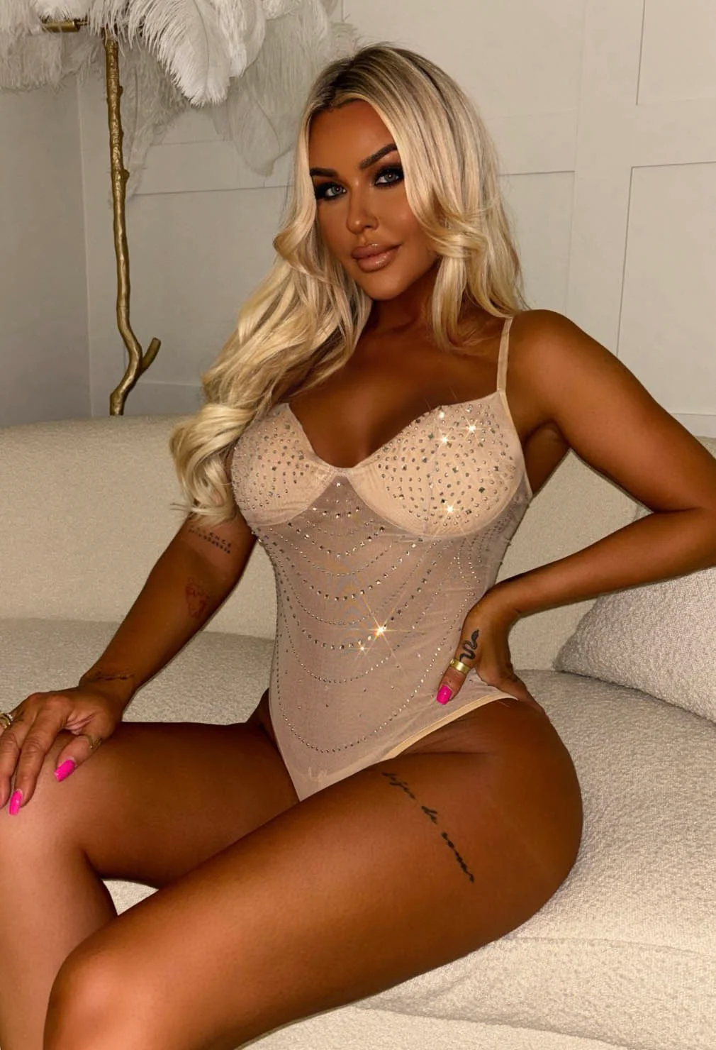 Take A Hint Nude Sheer Embellished Bodysuit - Image 4