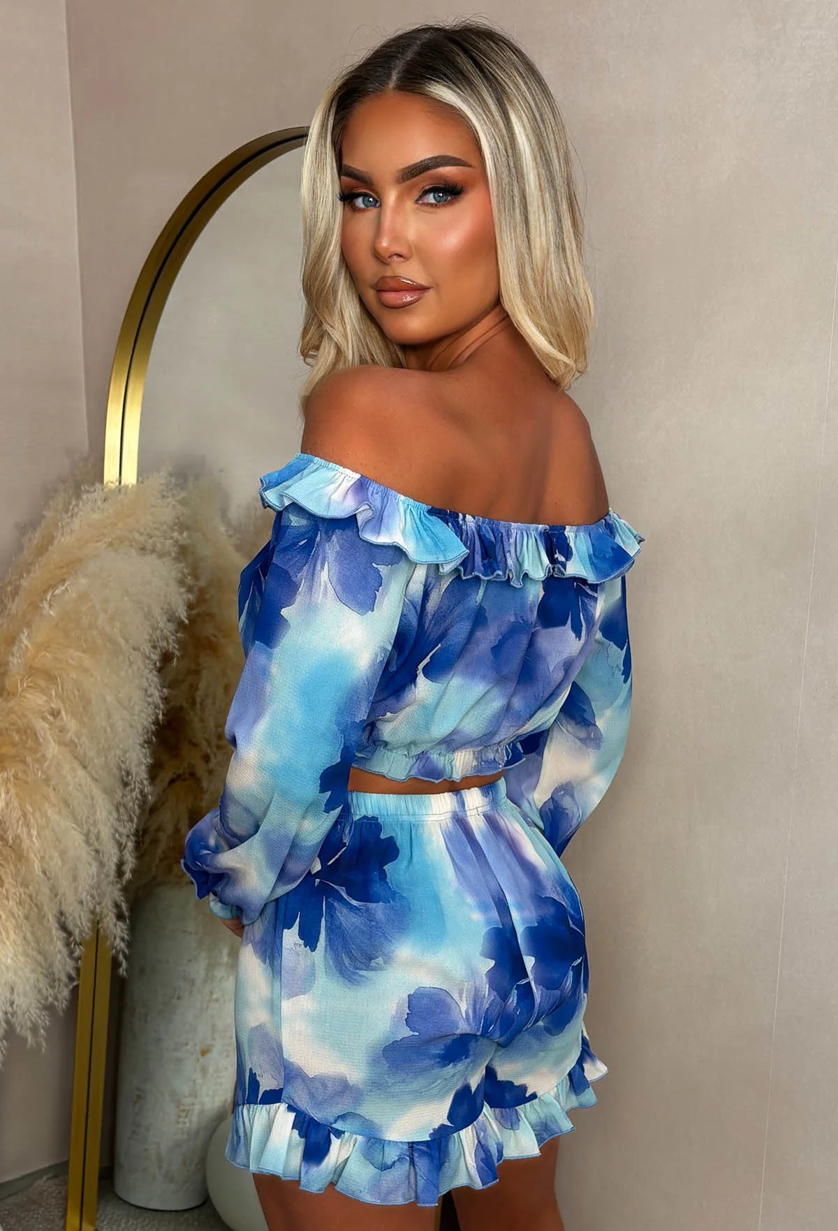 Take Me Away Blue Printed Floral Bardot & Shorts Co-Ord Set - Image 2