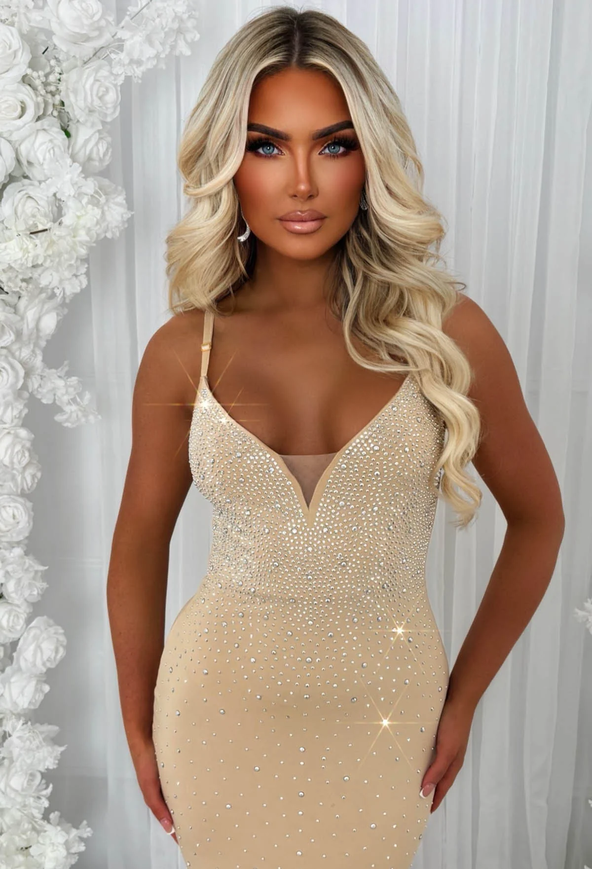 Take Me Away Nude Hotfix Strappy Plunge Dress - Image 3