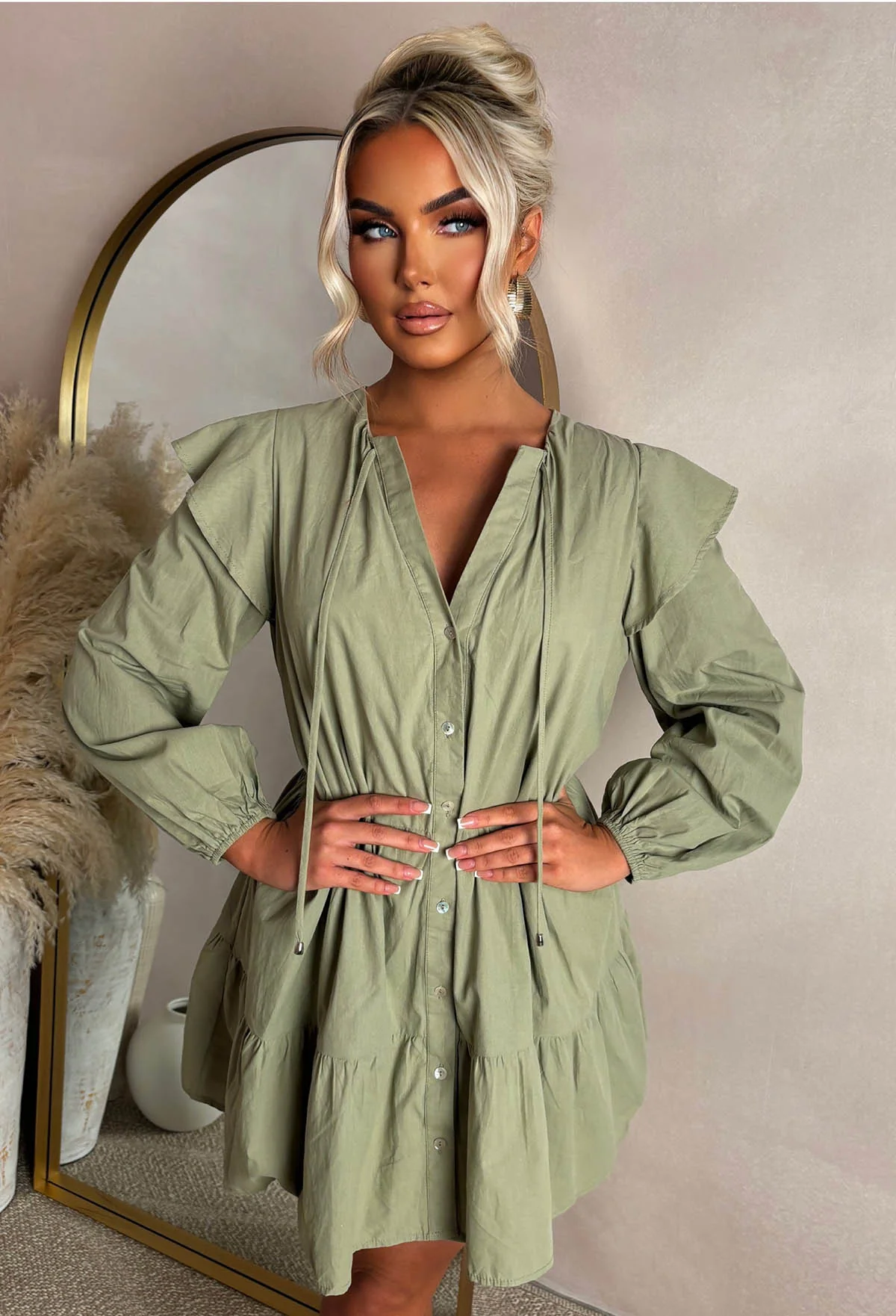 Take Me To Paradise Khaki Frill Front Shirt Dress - Image 3