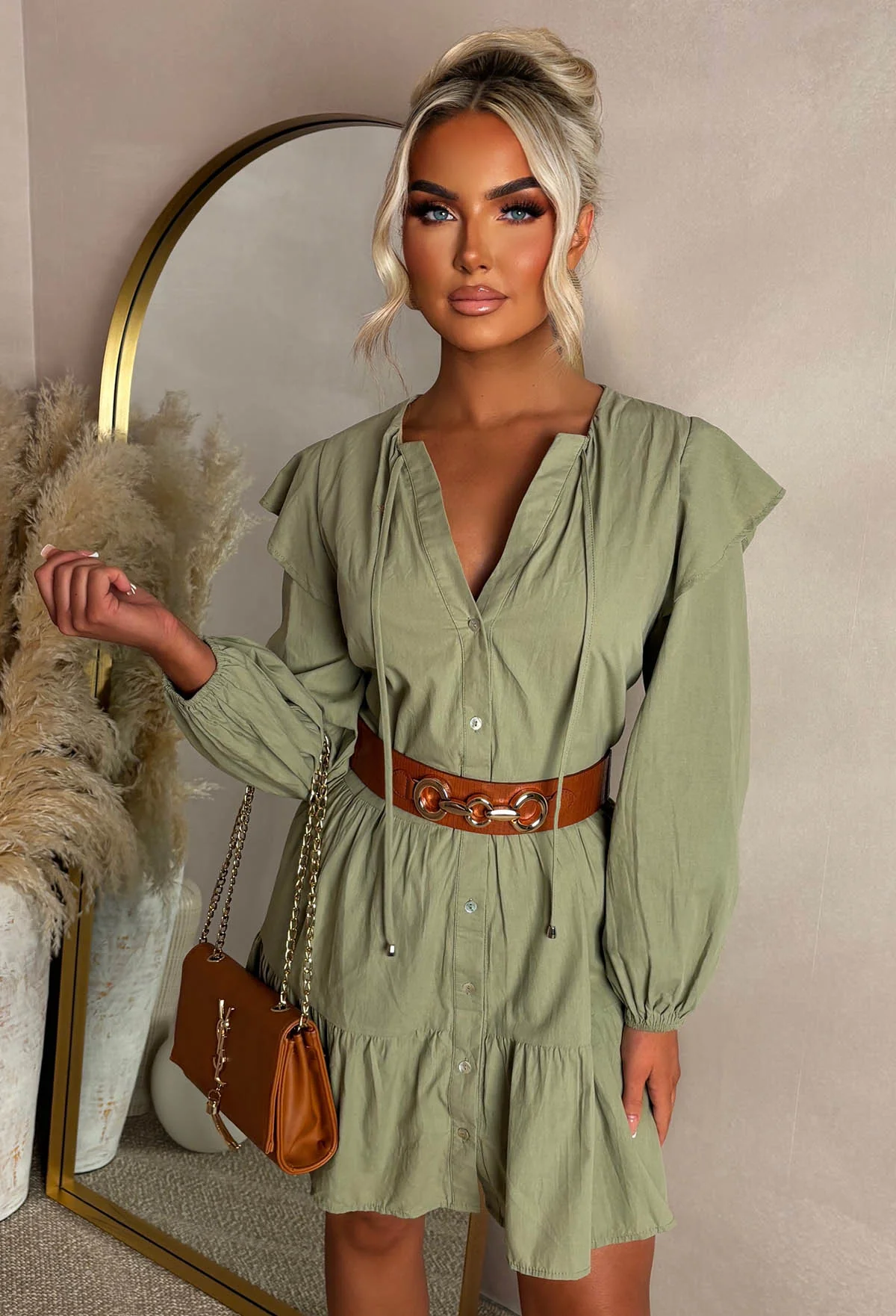 Take Me To Paradise Khaki Frill Front Shirt Dress - Image 5