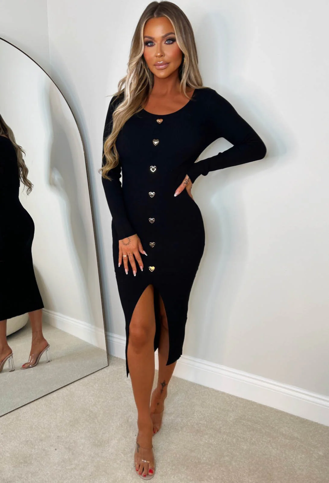 Take My Heart Black Gold Heart Button Long Sleeve Knitted Midi Dress - Image 3