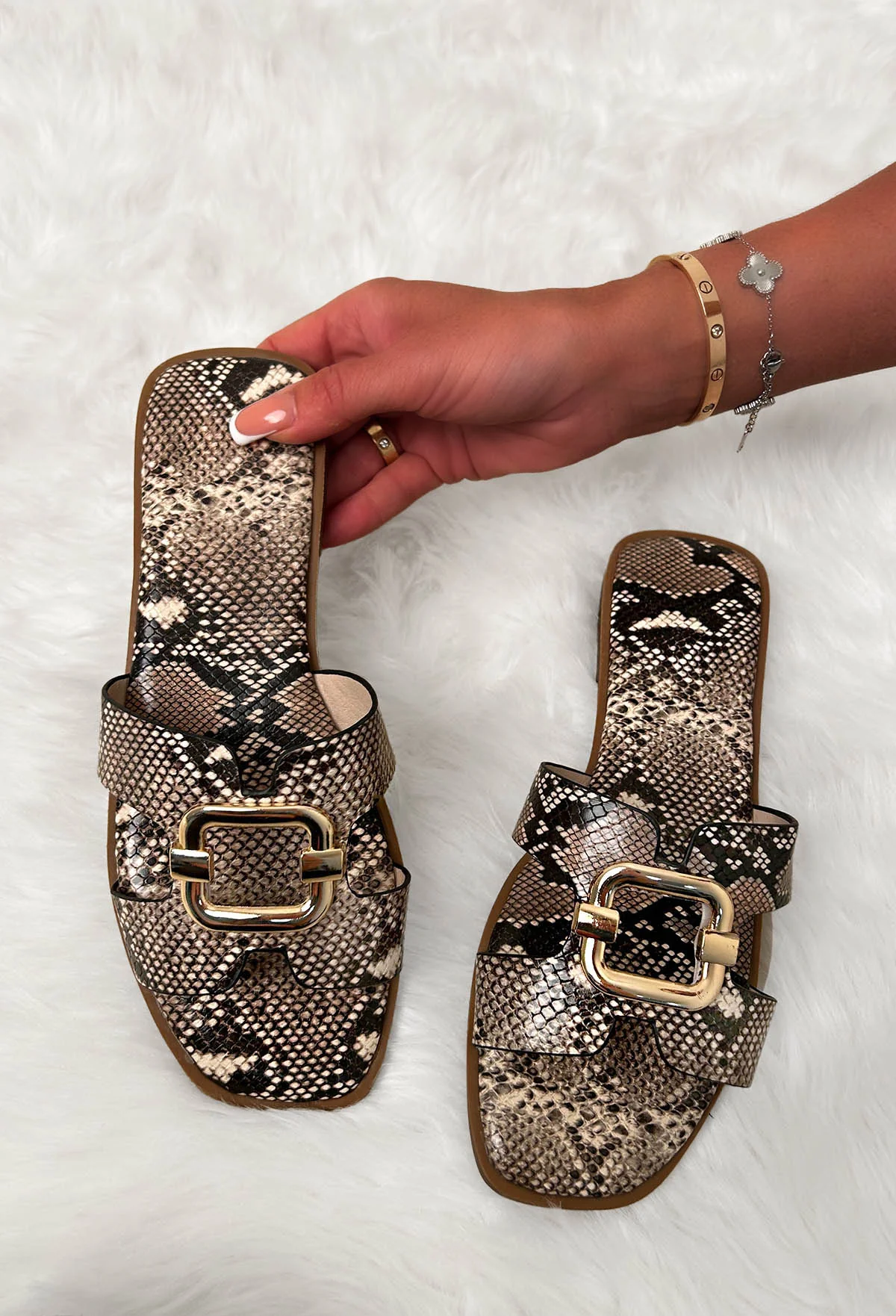 Tame Her Brown Snakeskin Gold Detail Sliders - Image 3