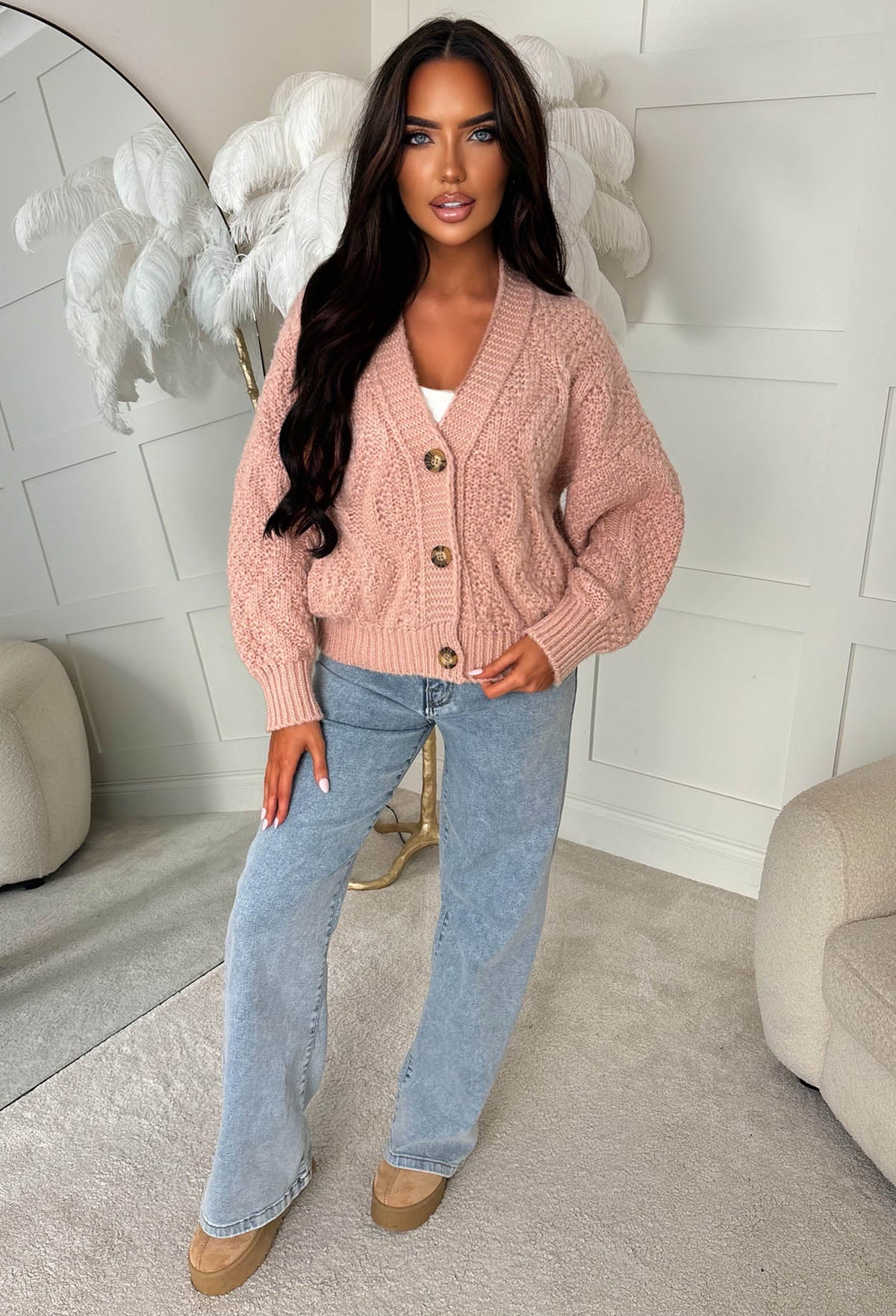 Taylor Baby Pink Chunky Cable Knitted Cardigan - Image 2