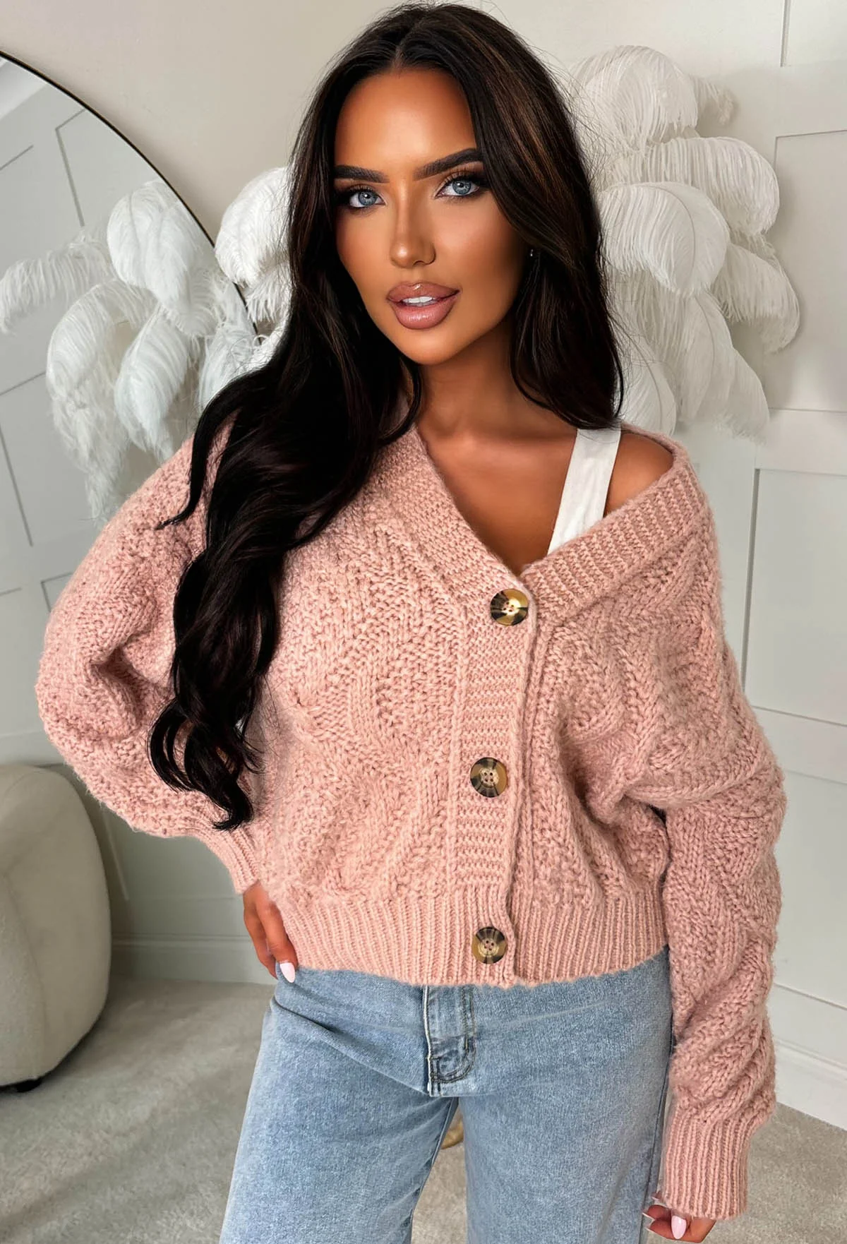 Taylor Baby Pink Chunky Cable Knitted Cardigan - Image 3