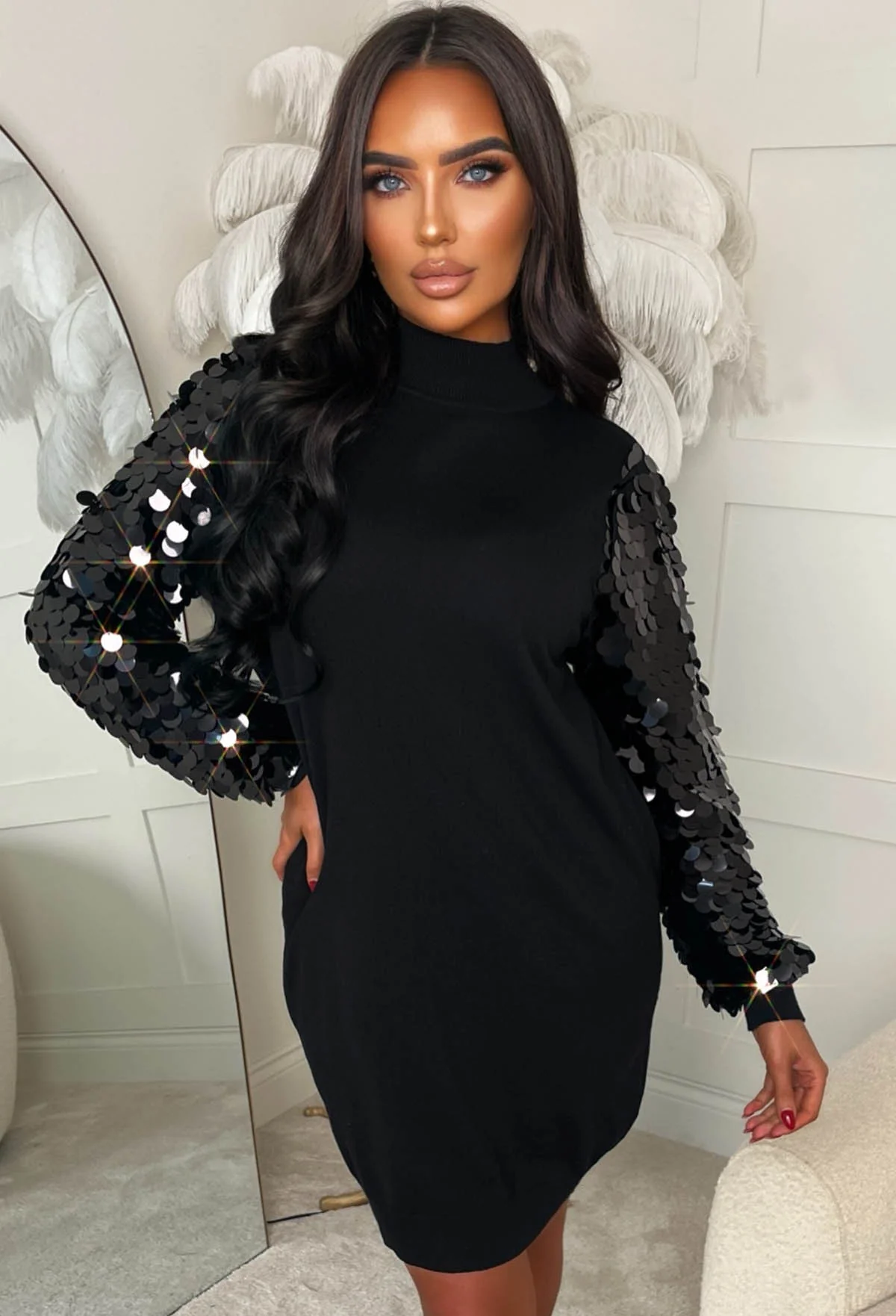 Tease Factor Black Sequin Sleeve Knitted Jumper Dress - Image 2