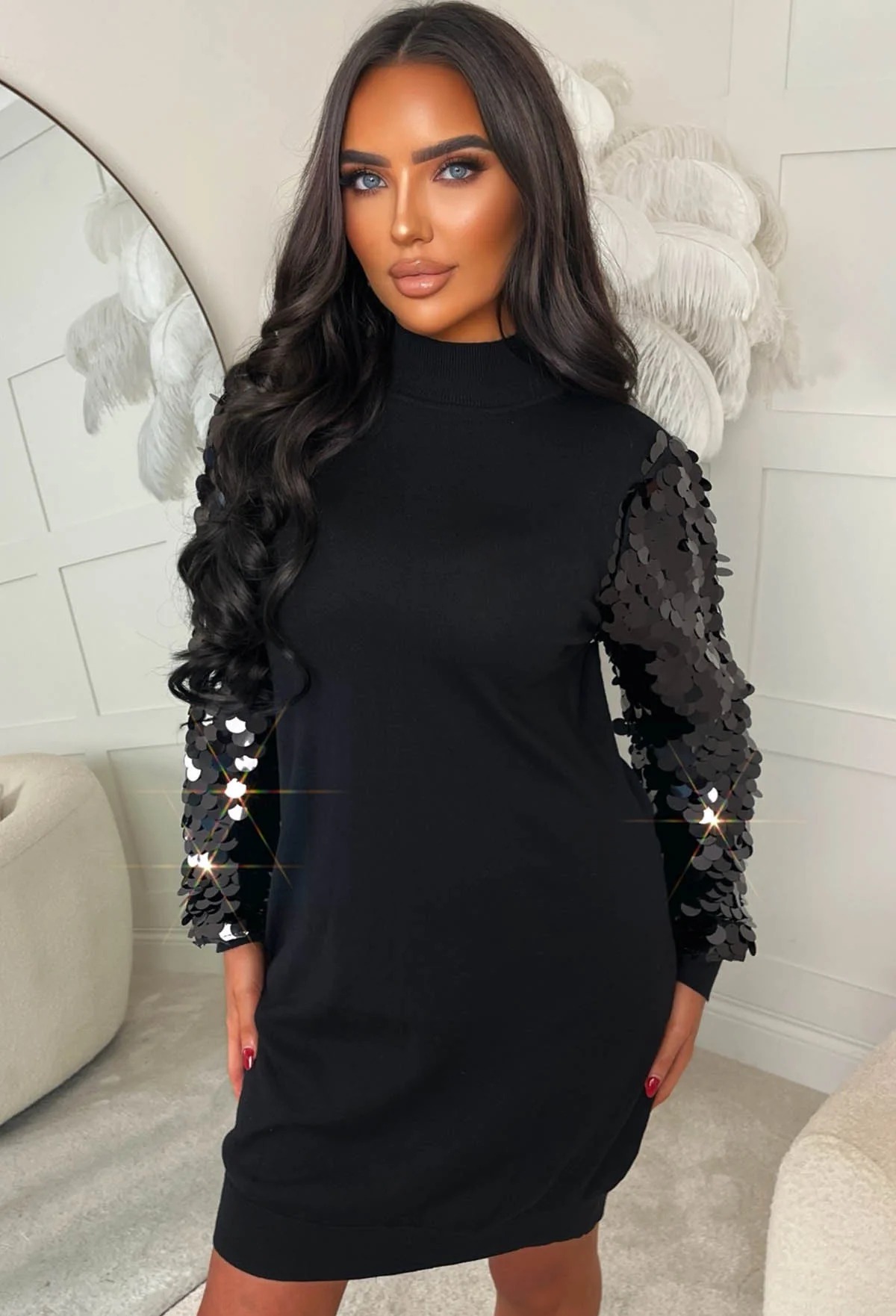 Tease Factor Black Sequin Sleeve Knitted Jumper Dress - Image 4