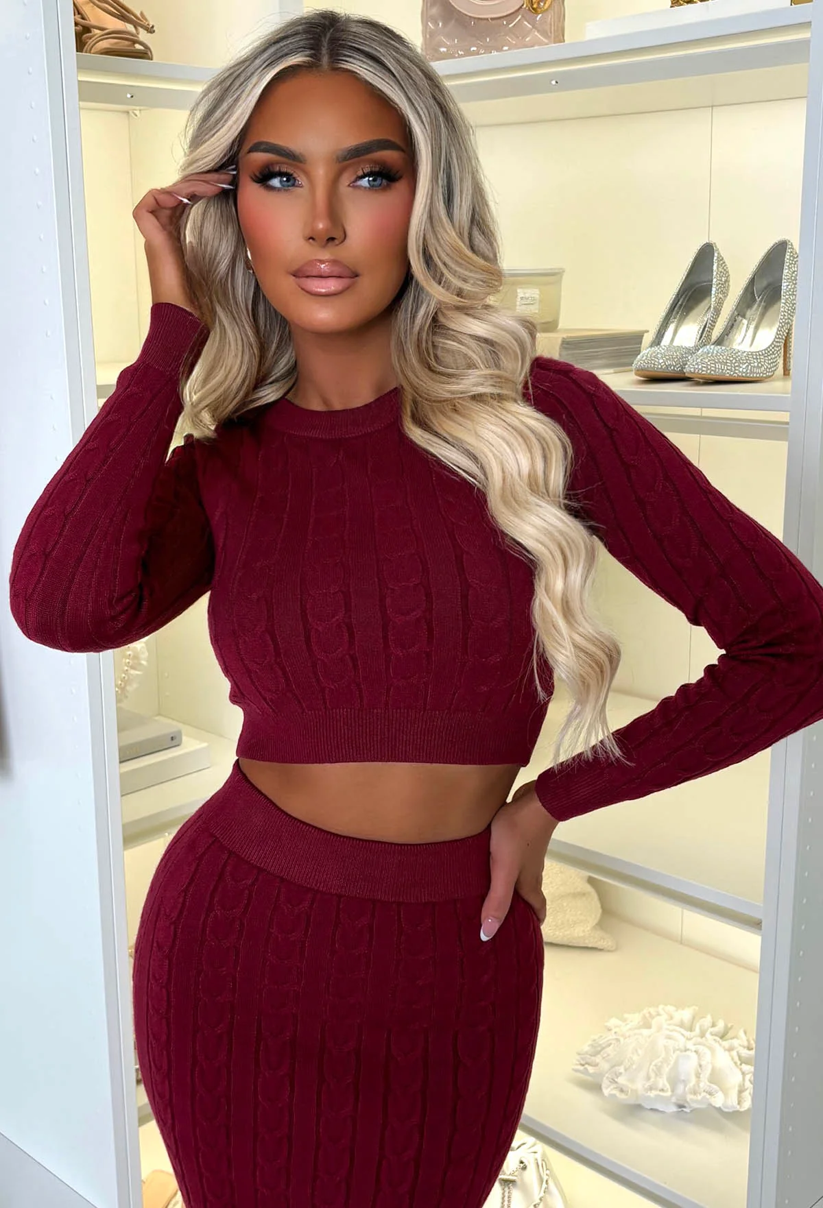 Tell Me Everything Wine Ultra Soft Cable Jumper And Skirt Co-Ord Set - Image 4