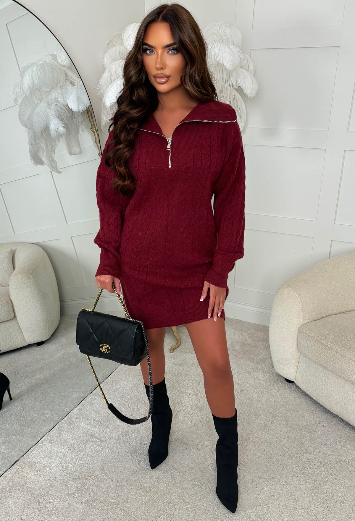 Temptress Touch Burgundy Ultra Soft Quarter Zip Cable Jumper Dress - Image 2
