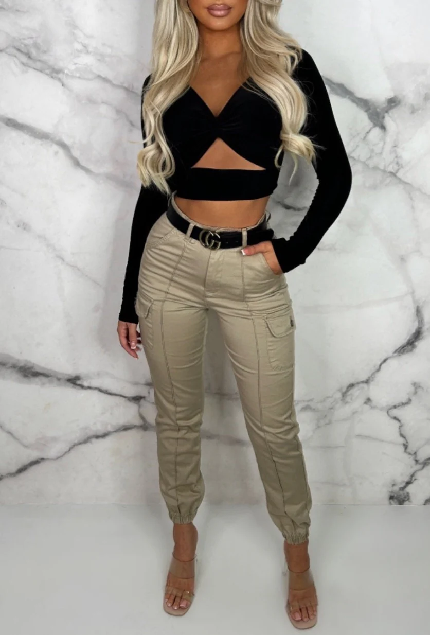 That Feeling Black Stretch Cut Out Long Sleeve Crop Top - Image 3