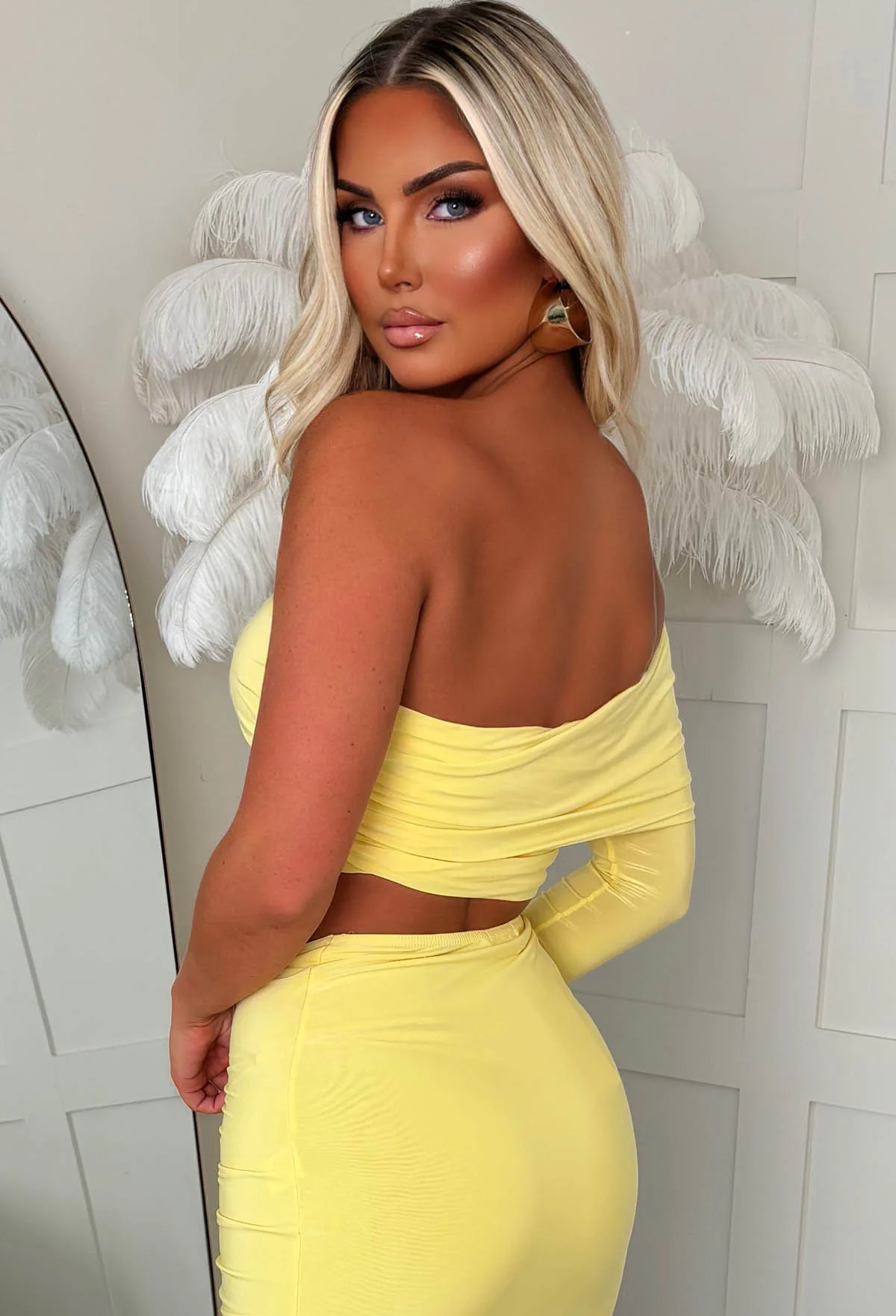 The Best Asset Lemon Ruched Slinky One Shoulder Maxi Skirt Co-Ord Set - Image 5