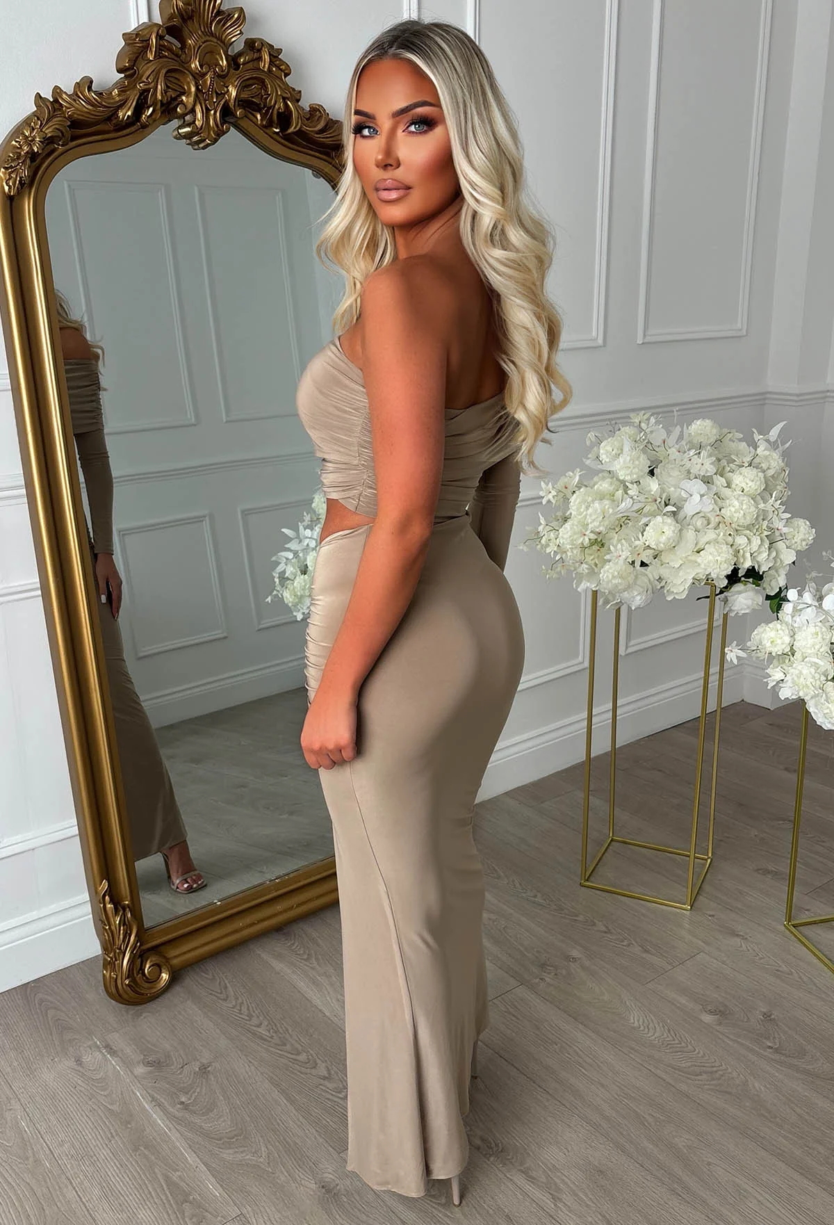 The Best Asset Taupe Ruched Slinky One Shoulder Maxi Skirt Co-Ord Set - Image 2