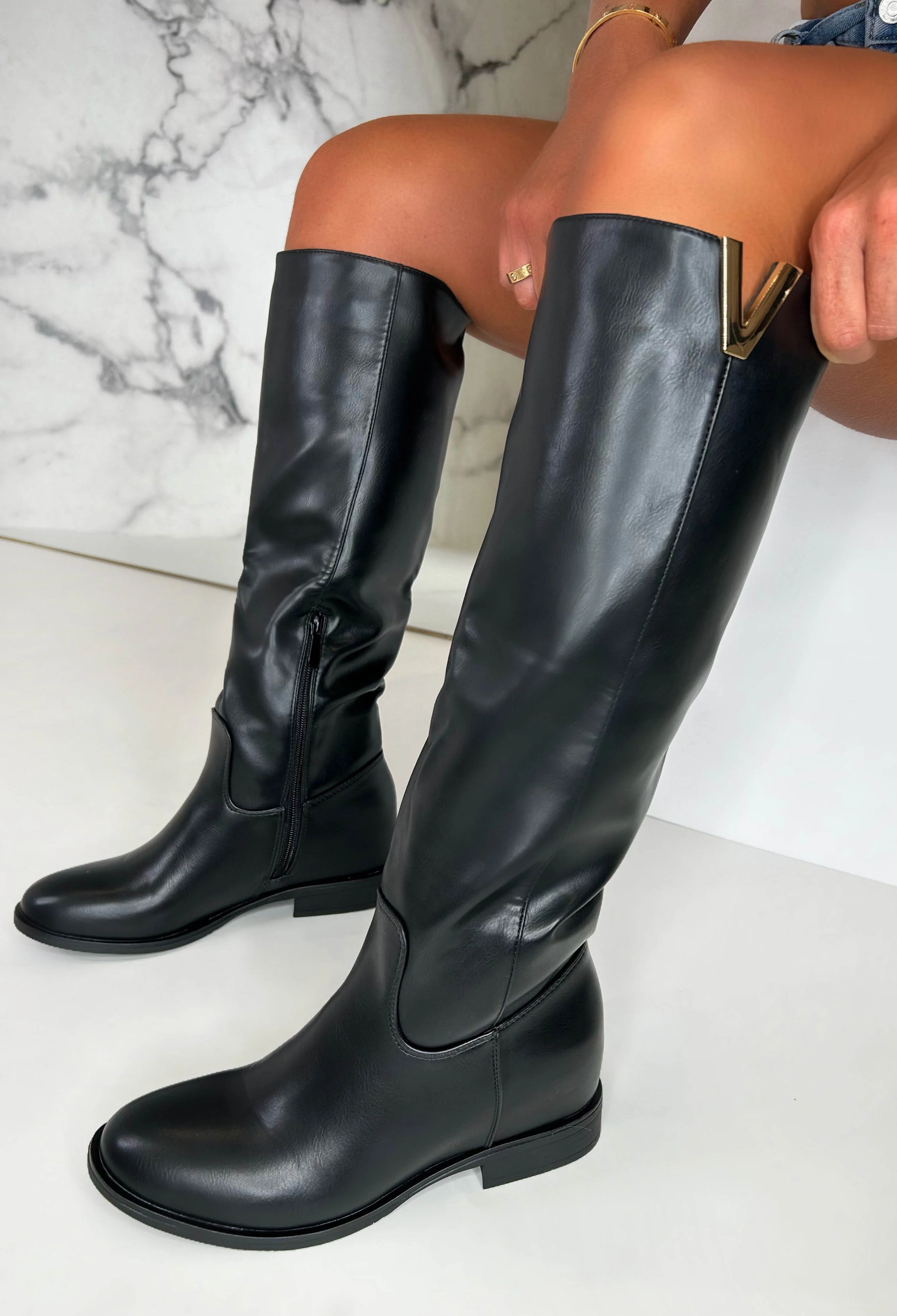 The Main Season Black Gold Detail Flat Knee High Boots - Image 2