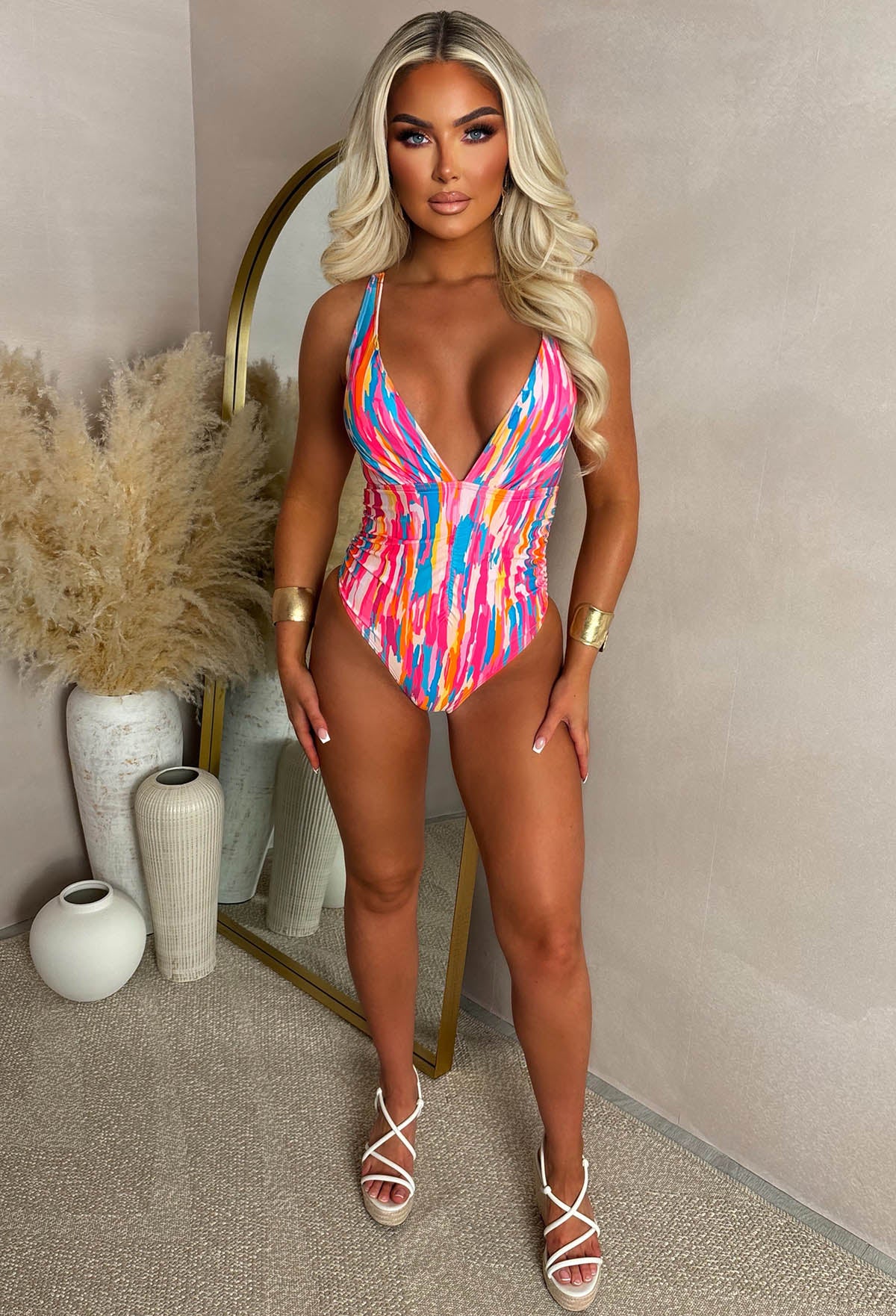 The Riviera Multi Deep Plunge Ruched Printed Swimsuit - Image 4