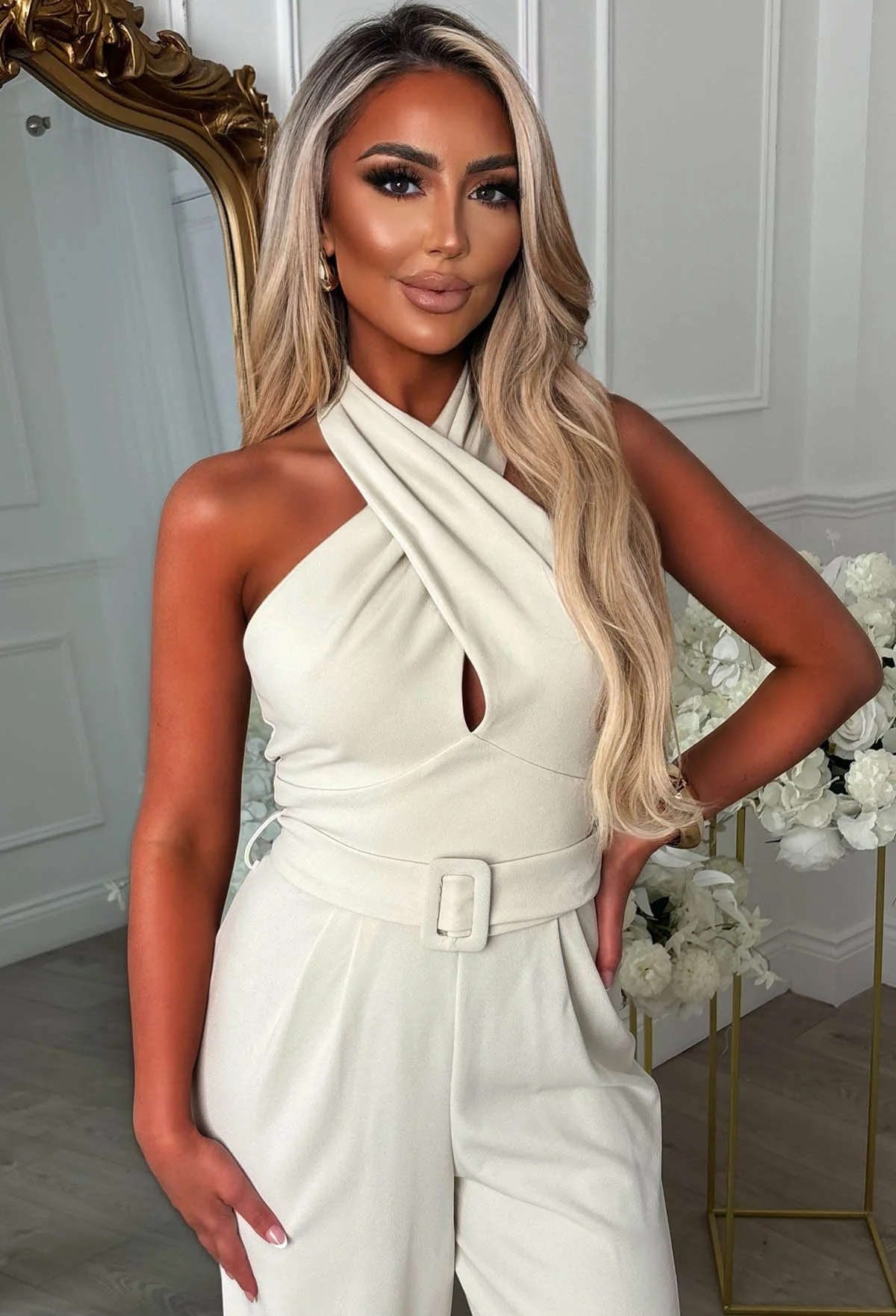 Tied Temptation Cream Cross Over Halter Belted Jumpsuit - Image 4