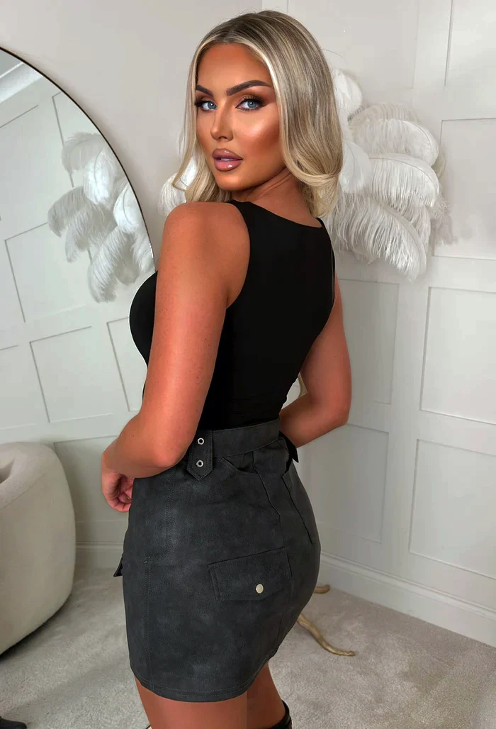 Too Cool For You Black Distressed Faux Leather Belted Cargo Skirt - Image 2