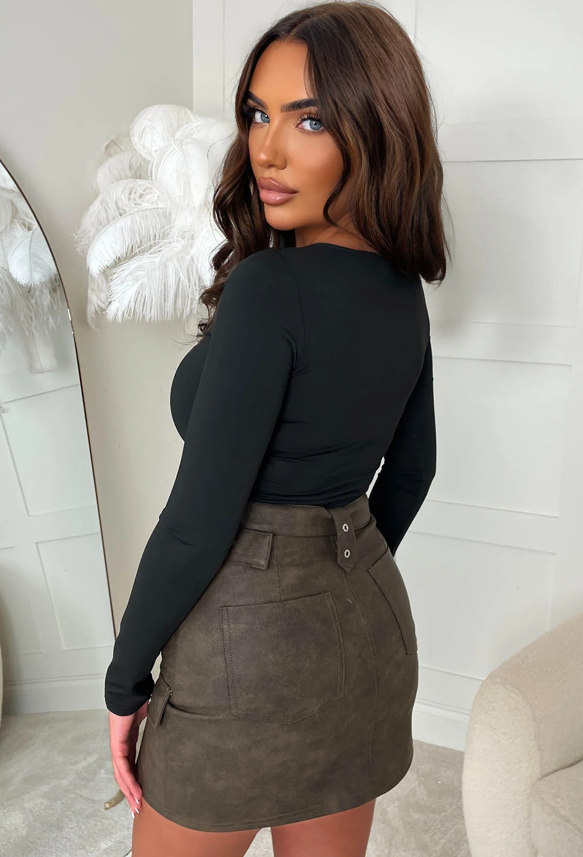 Too Cool For You Brown Distressed Faux Leather Belted Cargo Skirt - Image 3