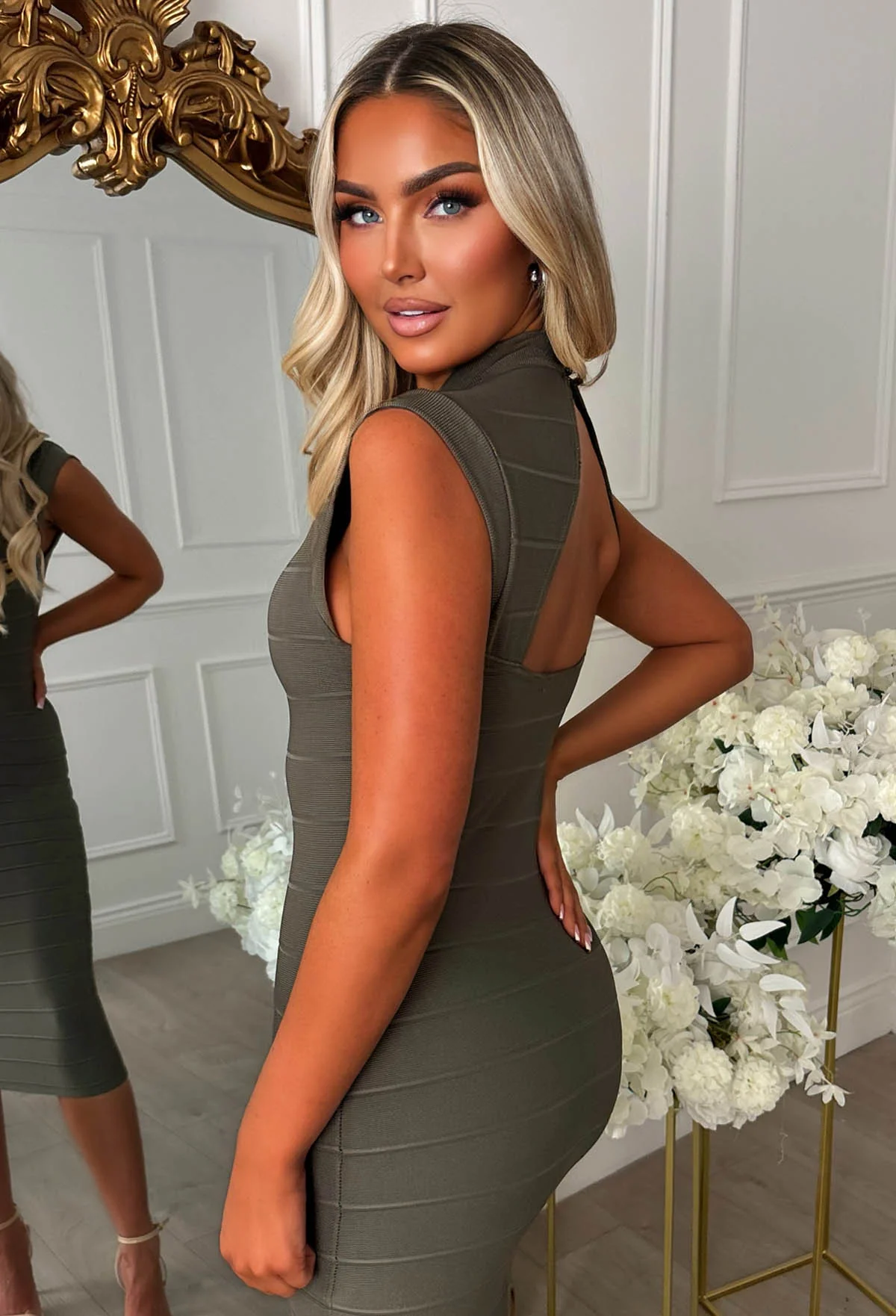 Touch Of Sass Khaki Bandage Effect High Neck Midi Dress - Image 4