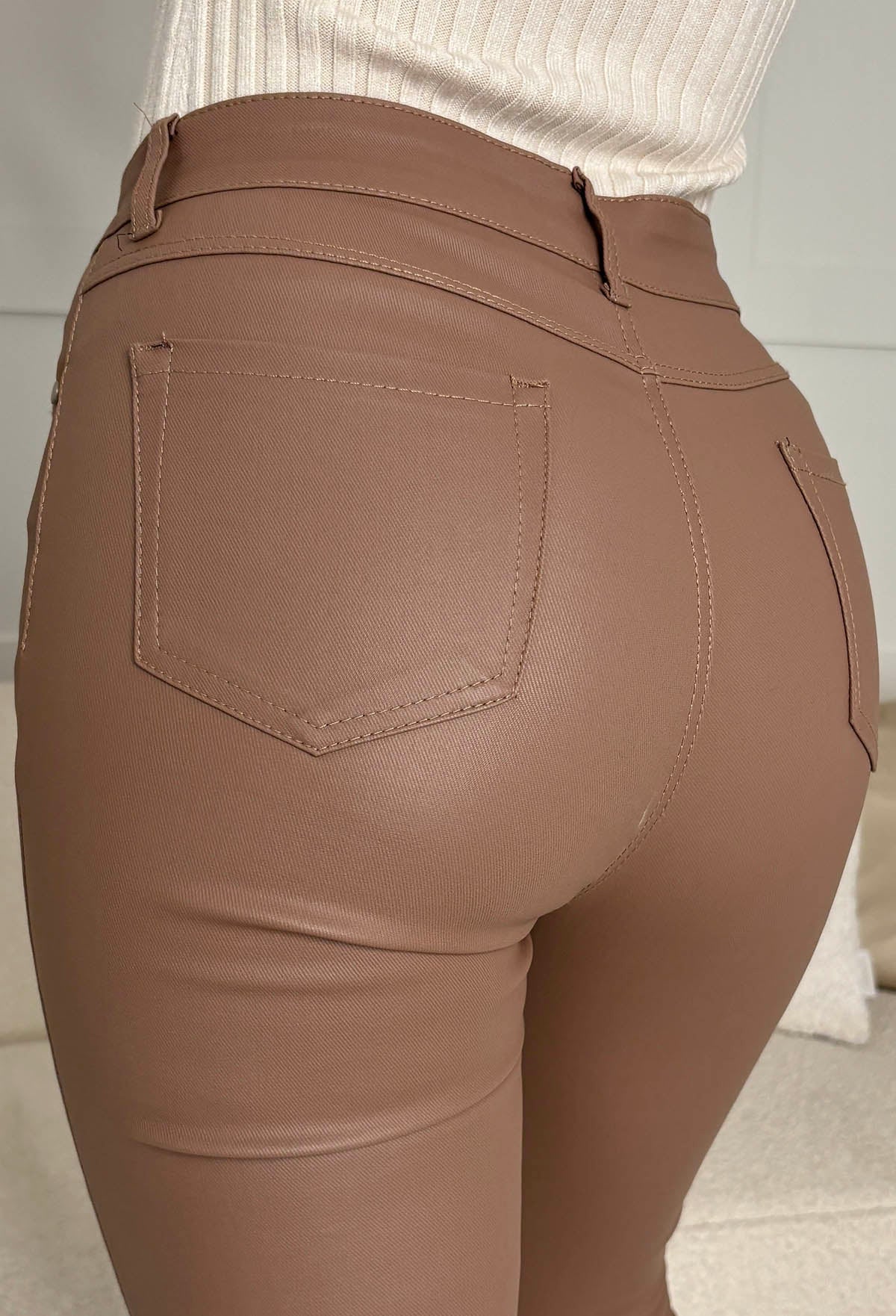 Ultimate Destiny Mocha Faux Leather Stretch Skinny Fit Jeans - Image 2