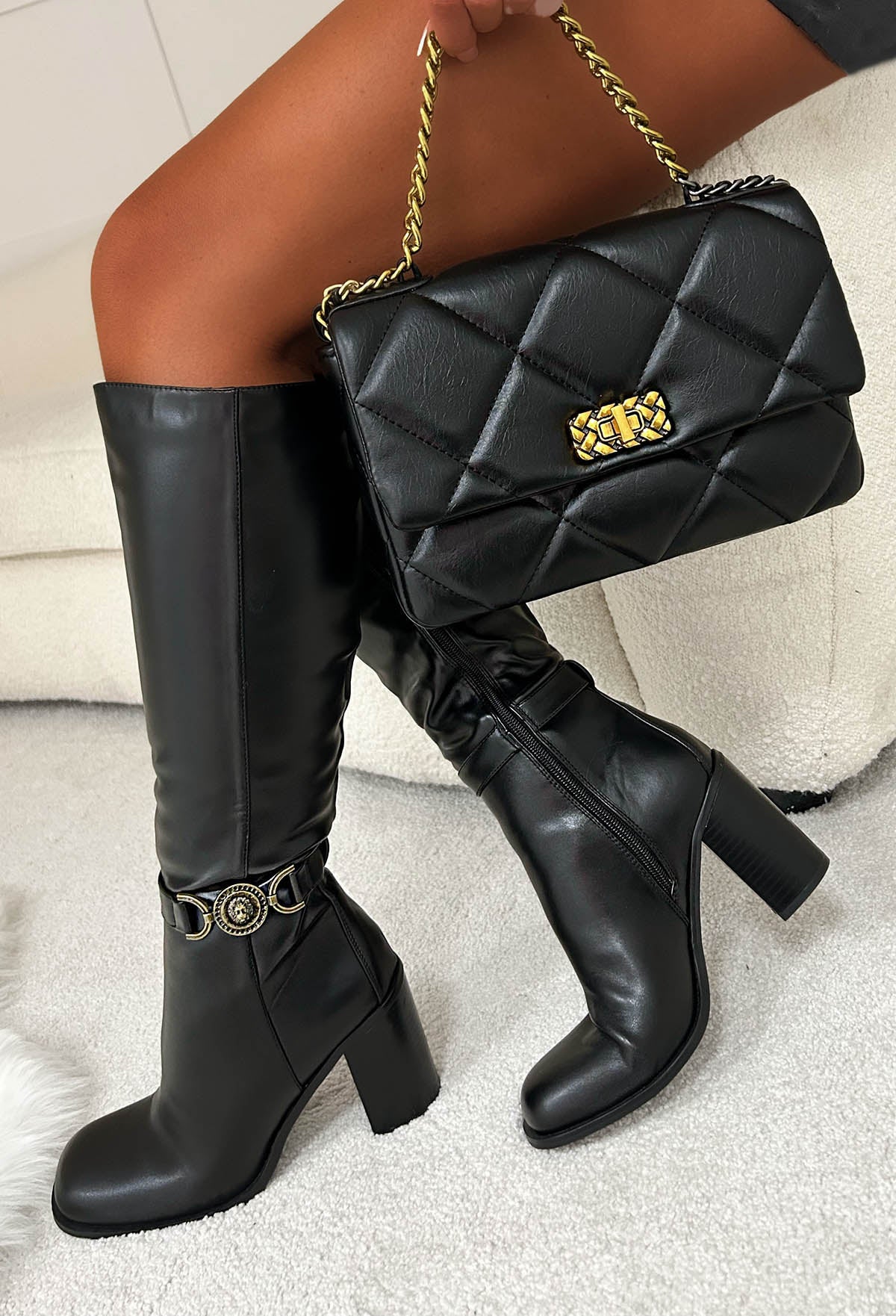 Ultimate Flirt Black Knee High Lion Buckle Detail Boots - Image 2
