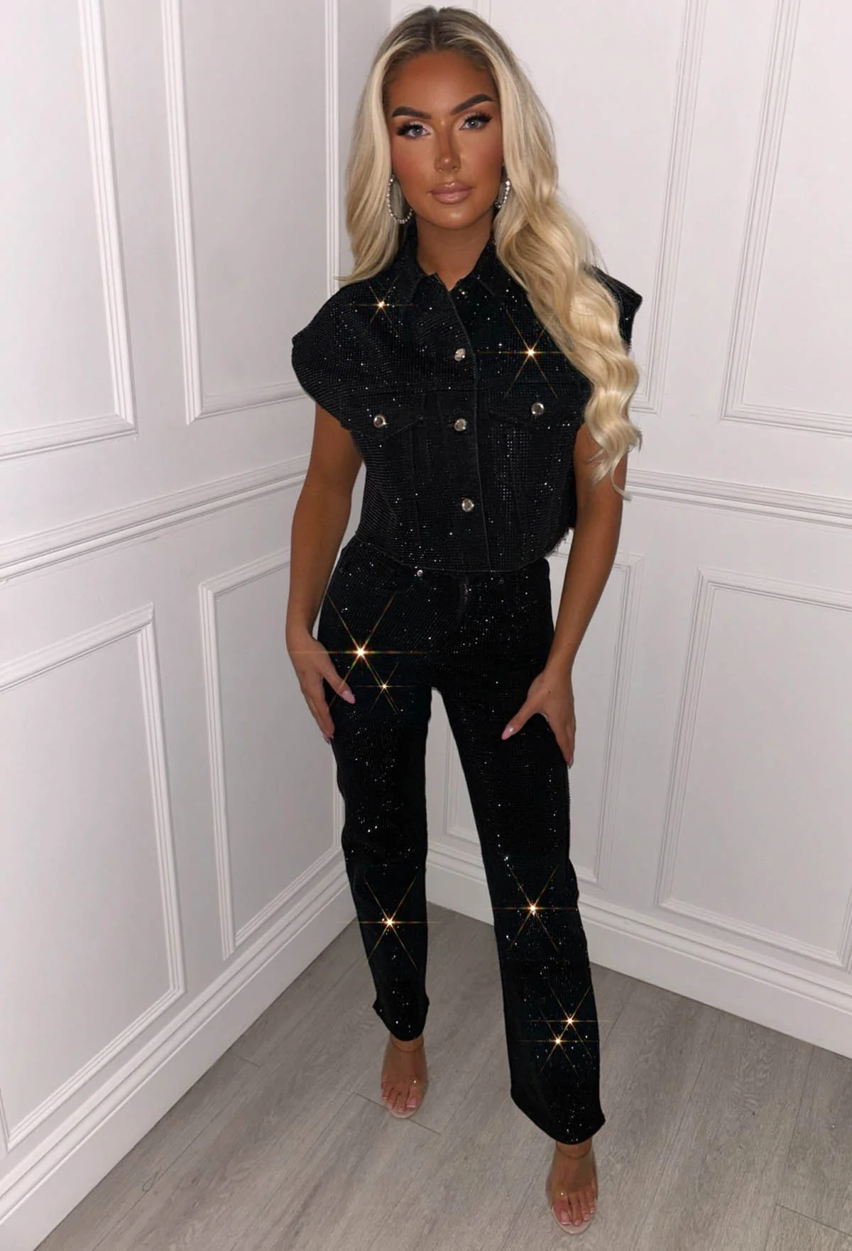Ultimate Shine Black Sparkle Cut Off Denim Jacket - Image 5