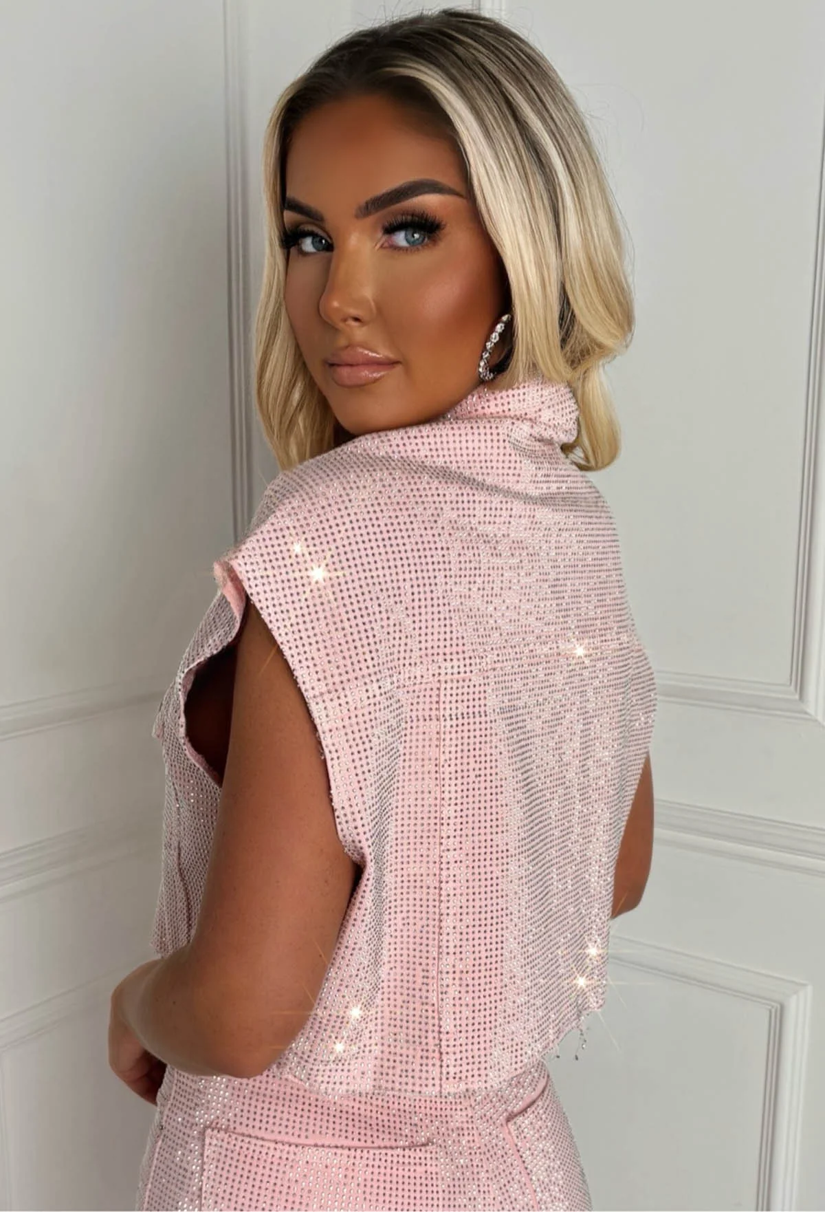 Ultimate Shine Pink Sparkle Cut Off Denim Jacket - Image 3