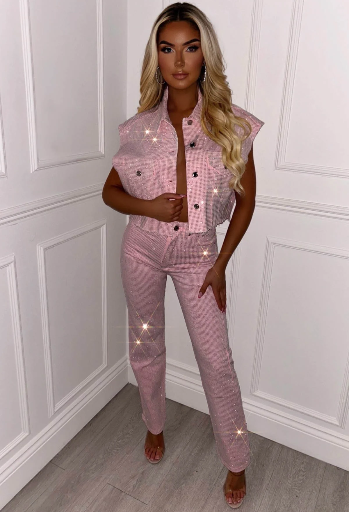Ultimate Shine Pink Sparkle Cut Off Denim Jacket - Image 5